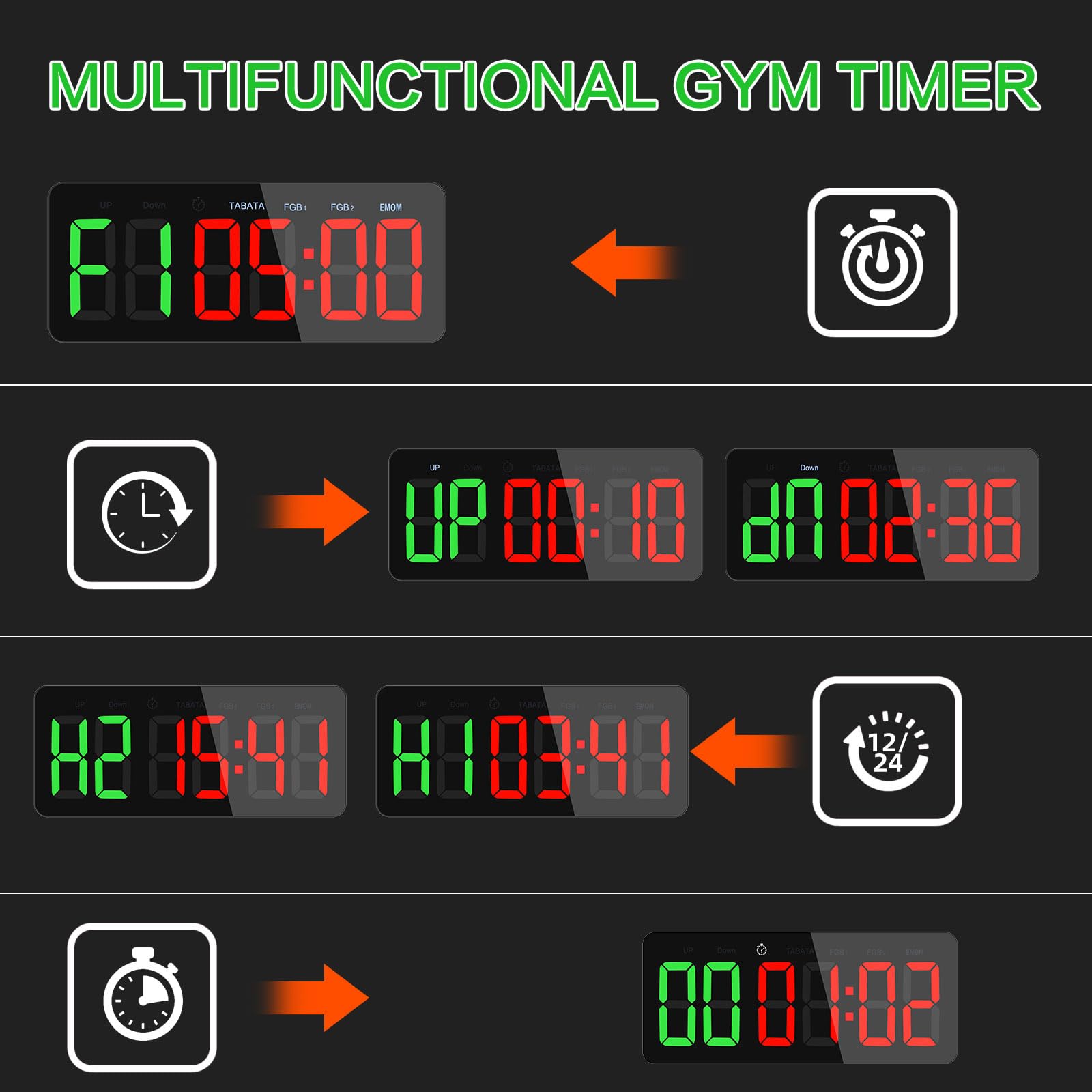 Timer Sport Grand Minuteur Fitness D'intervalle LED Chronomètre Compte à Rebours Count Up