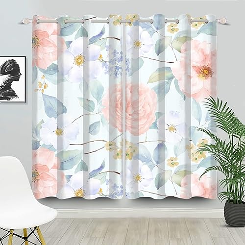 Miniatura 1 de Renaiss Cortinas opacas de peonía en acuarela de 53 pulgadas de ancho x 84 pulgadas de largo, cortinas opacas suaves de peonía rosa pastel y flor de