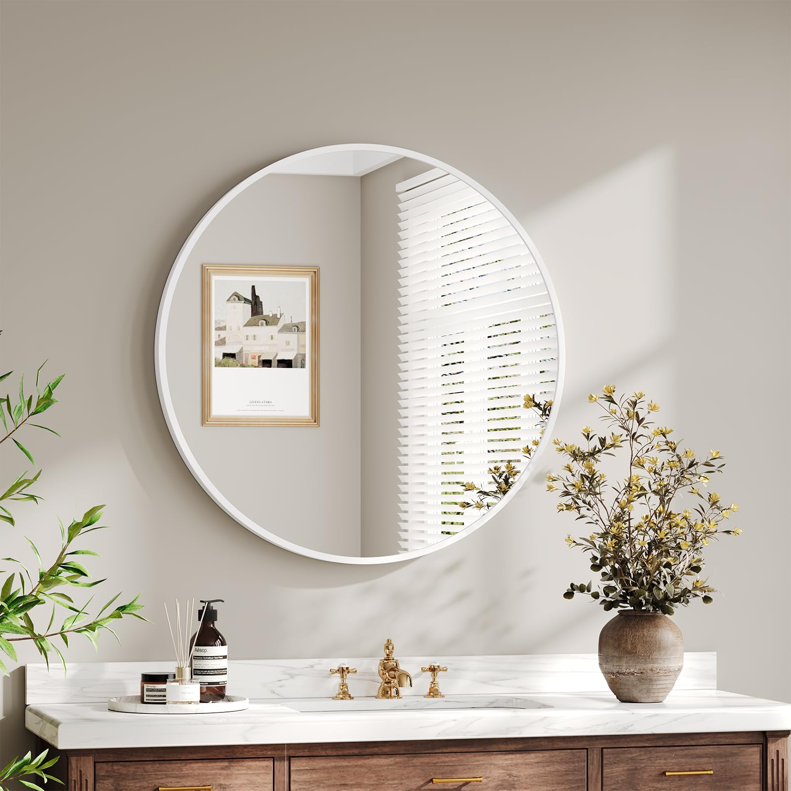 Dripex 50cm Round Mirror, Circle Hanging Wall Mirror - Home Decorative Wall Mounted Vanity Mirror for Bathroom, Dressing Room & Living Room, White