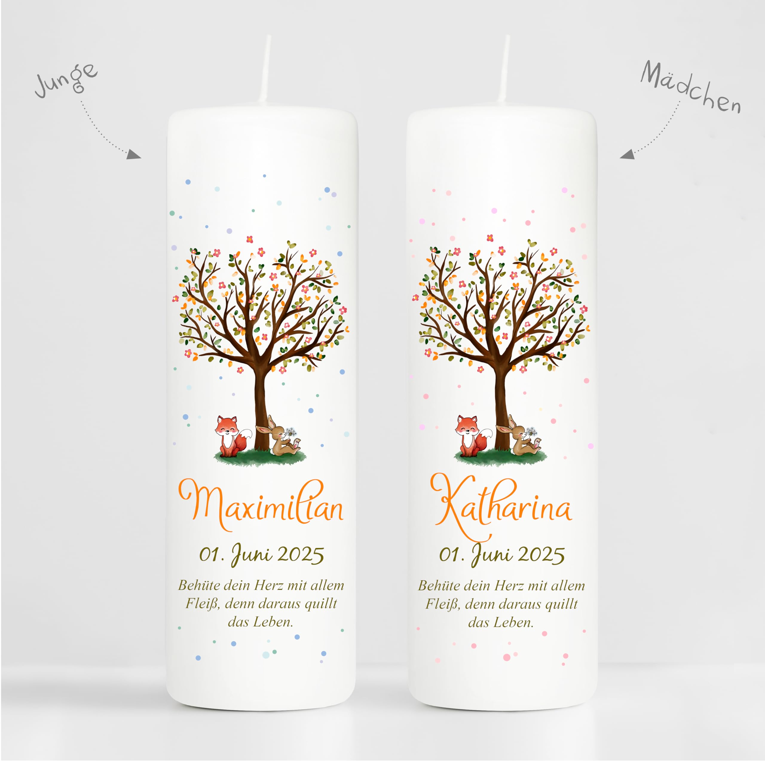 Wandtattoo Loft Taufkerze Junge Motiv Baum mit Hase und Fuchs, 25cm x 7cm, personalisierte Kerze, bedruckte Kerze zur Taufe, Stumpenkerze, individuelles Taufgeschenk