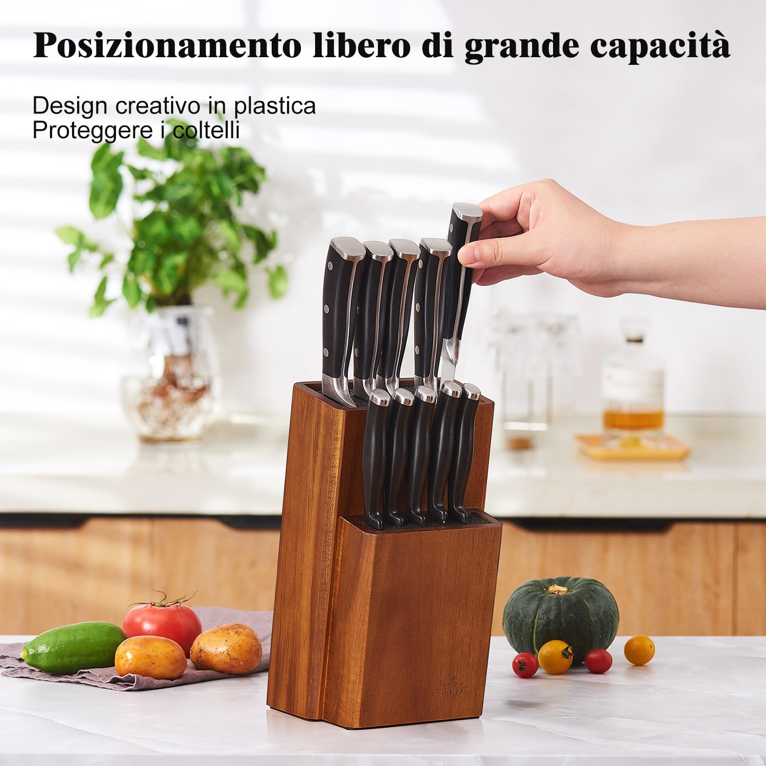 ENOKING Universale Ceppo Coltelli da Cucina, Porta Coltelli Cucina in Legno d'acacia, Ceppo Coltelli con Setole in Plastica Rimovibili, Portacoltelli da Cucina per Bancone da Cucina