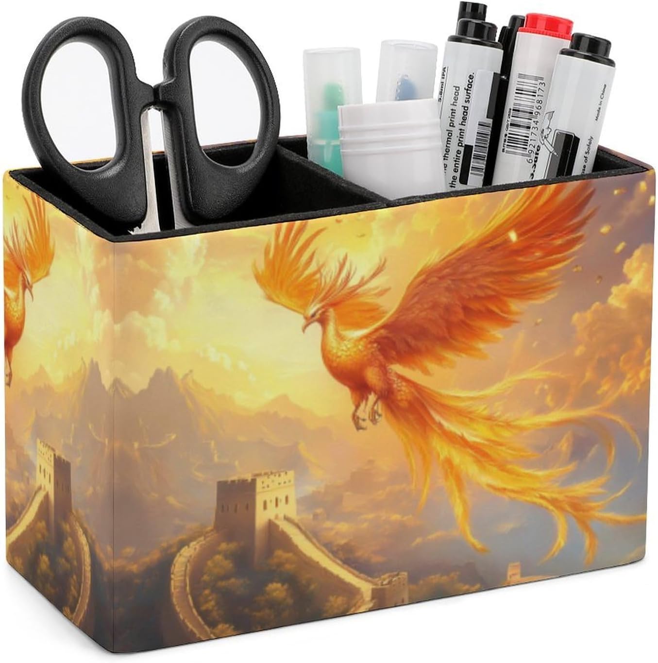 Chinese Phoenixes Pencil Pen Holder PU Leather Desk Storage Organizer Makeup Brush Box