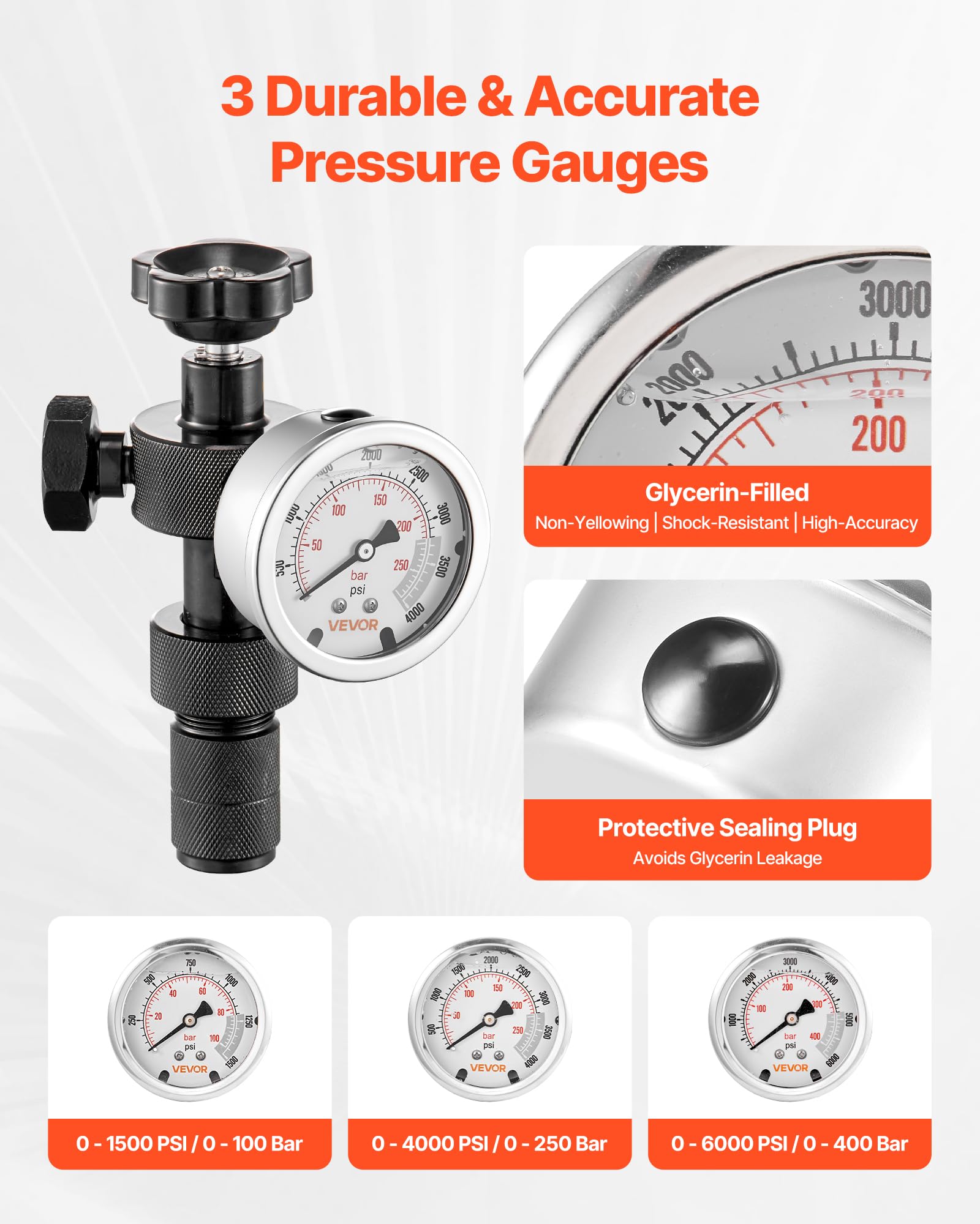 VEVOR Kit de Carga para Almacenamiento Hidráulico de Nitrógeno, Impermeable, con 3 Manómetros 103/276/414 bar, 6 Acopladores Adaptadores, 1 Manguera de Gas, 1 Válvula, 1 Adaptador CGA580, Negro