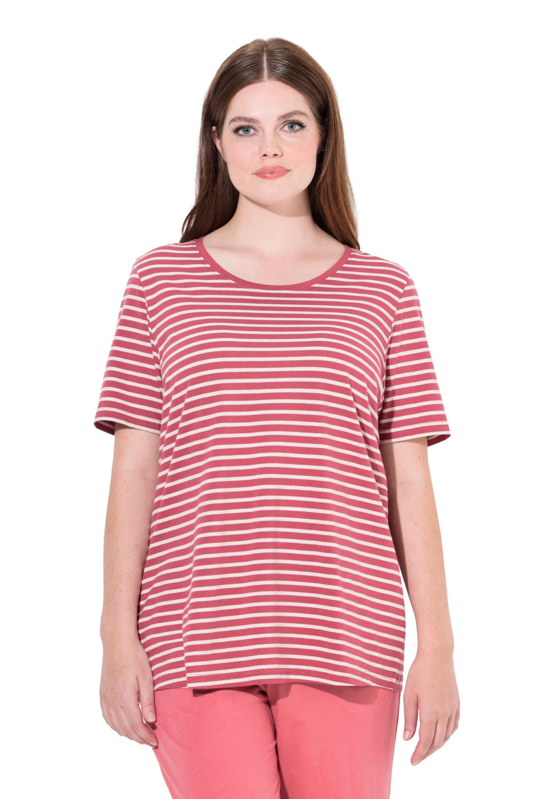 Ulla Popken Damen große Größen Übergrößen Plus Size Pyjamashirt, Ringel, Rundhals, Halbarm, Biobaumwolle 813107