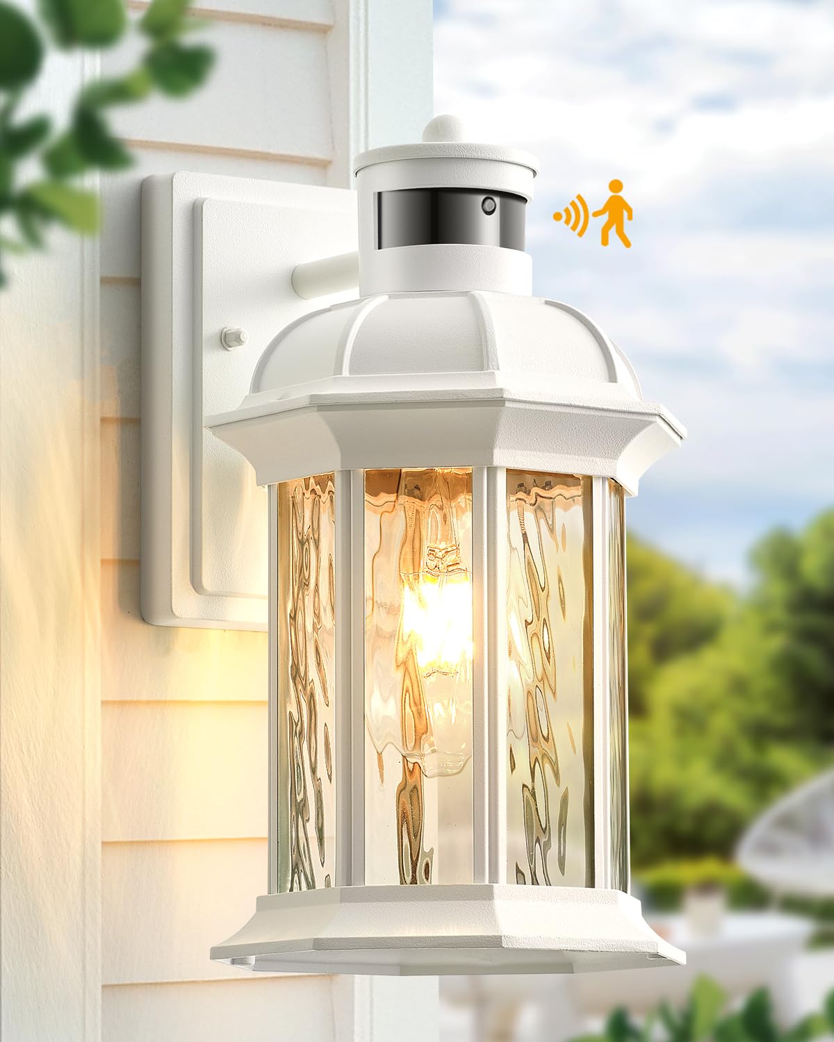 vianis white motion sensor exterior wall light lantern modern dusk to dawn outdoor porch light fixtures wall mount waterproof outdoor wall sconce for garage entrance with tempered water-ripple glass