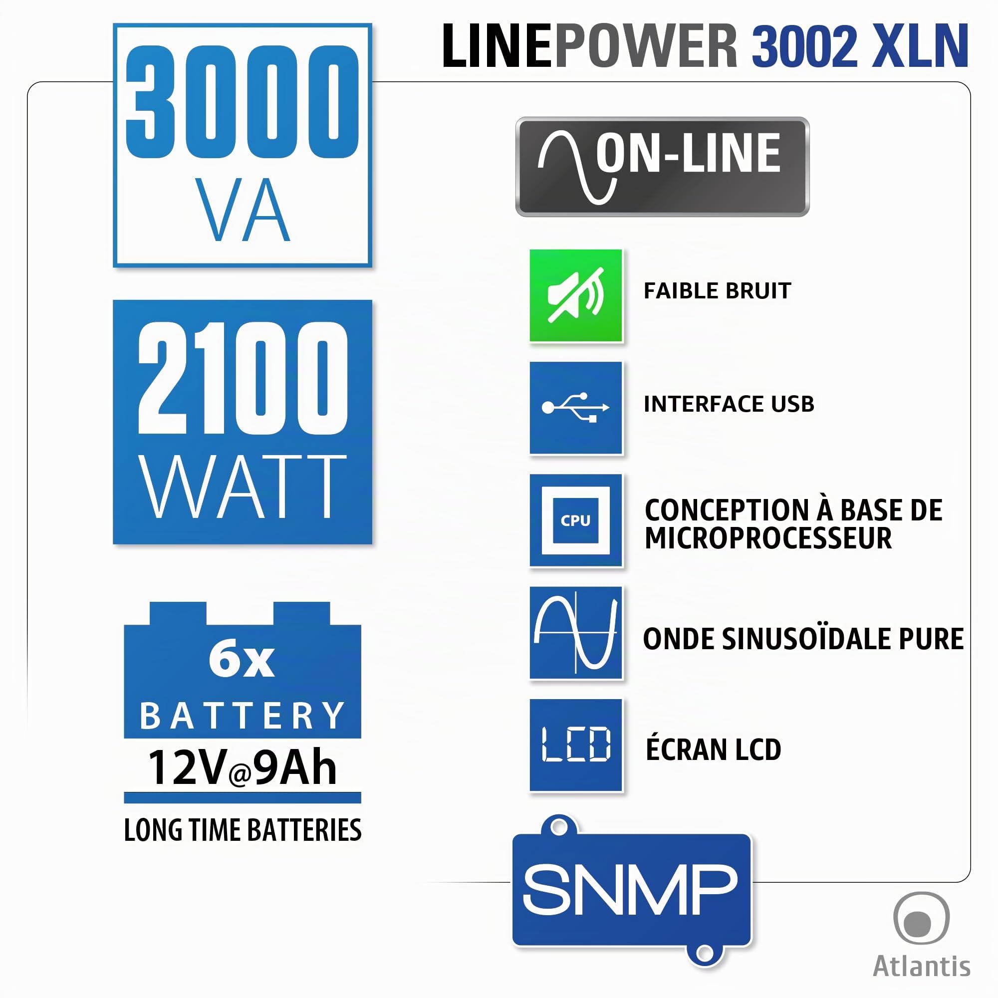 Atlantis onduleur on-Line Faible Bruit 3000VA/2100W, Onda Double Conversion