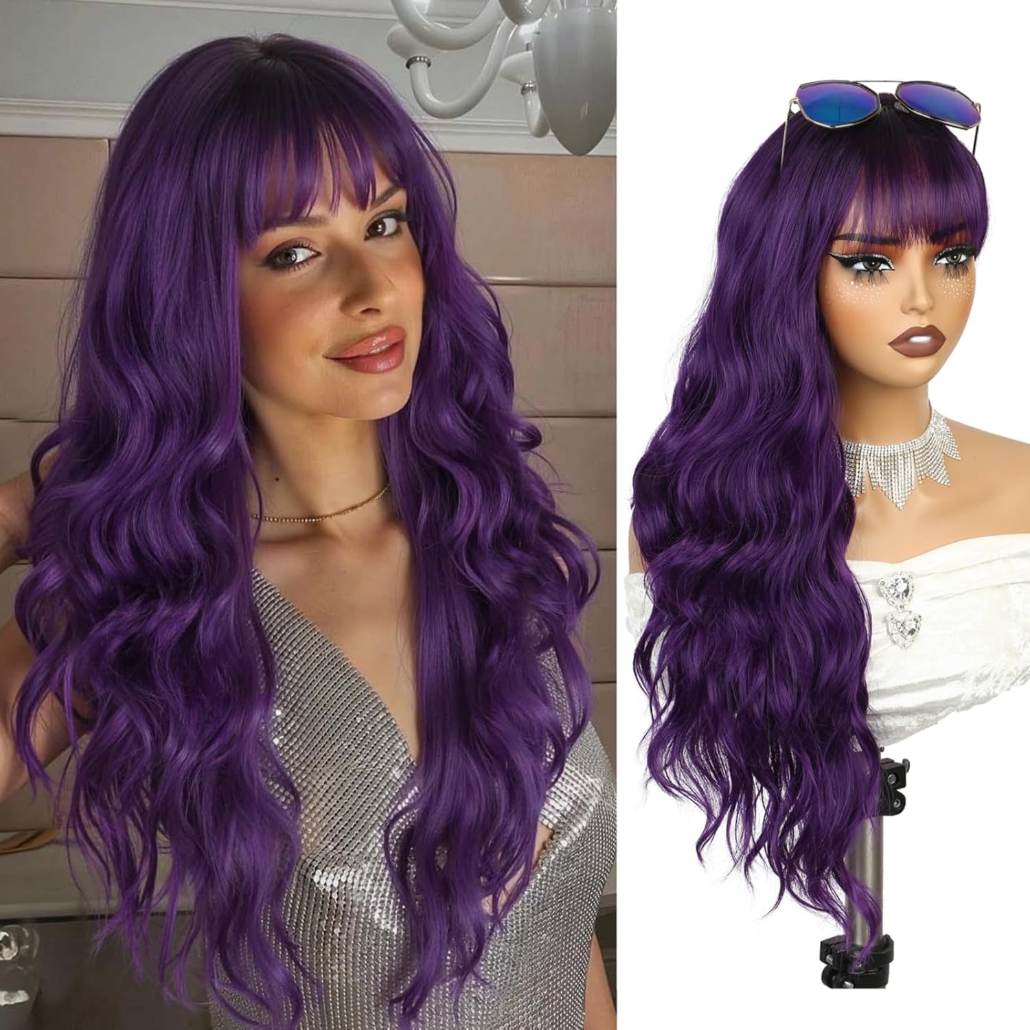 quickwig Purple Wig with Bangs Long Ombre Purple Wavy Wigs for Women 26 Inch Black to Purple Long Curly Wigs Heat Resistant Synthetic Fiber Wig for Halloween Cosplay Party Use