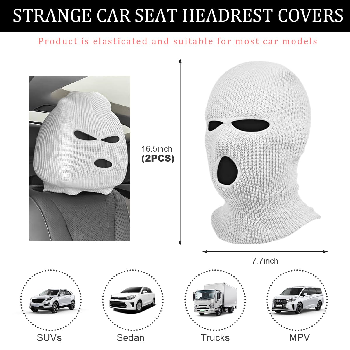 2 PCS Car Headrest Cover Personalized Funny 3 Hole Auto Seat Full Face Mask Headcover Ski Mask Wrap — view 2