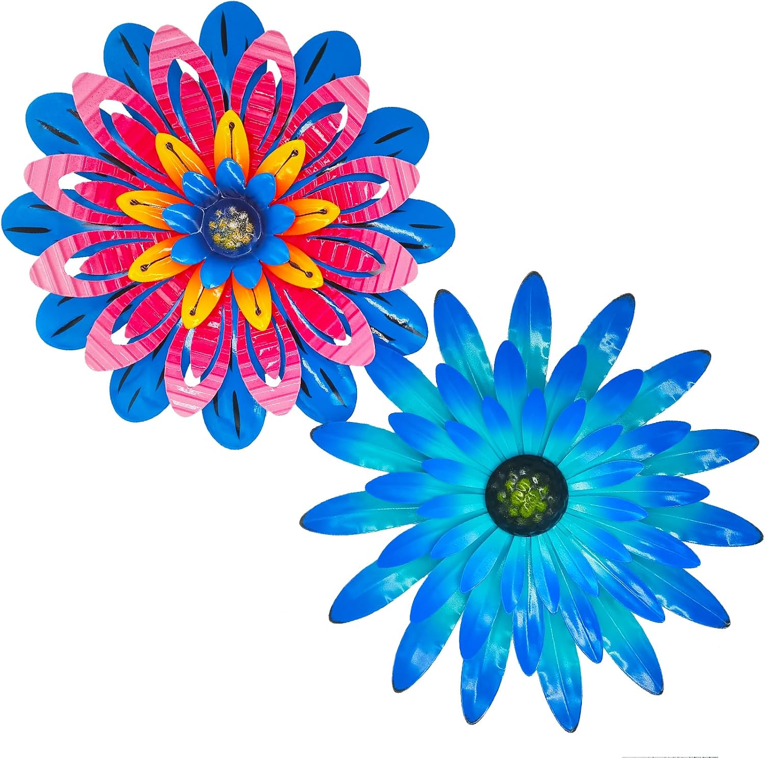 2PCS Metal Flower Wall Decorations - 12 Inch, Orange and Blue, Metal Flower Wall Art Garden Decor Hanging for Indoor and Outdoor