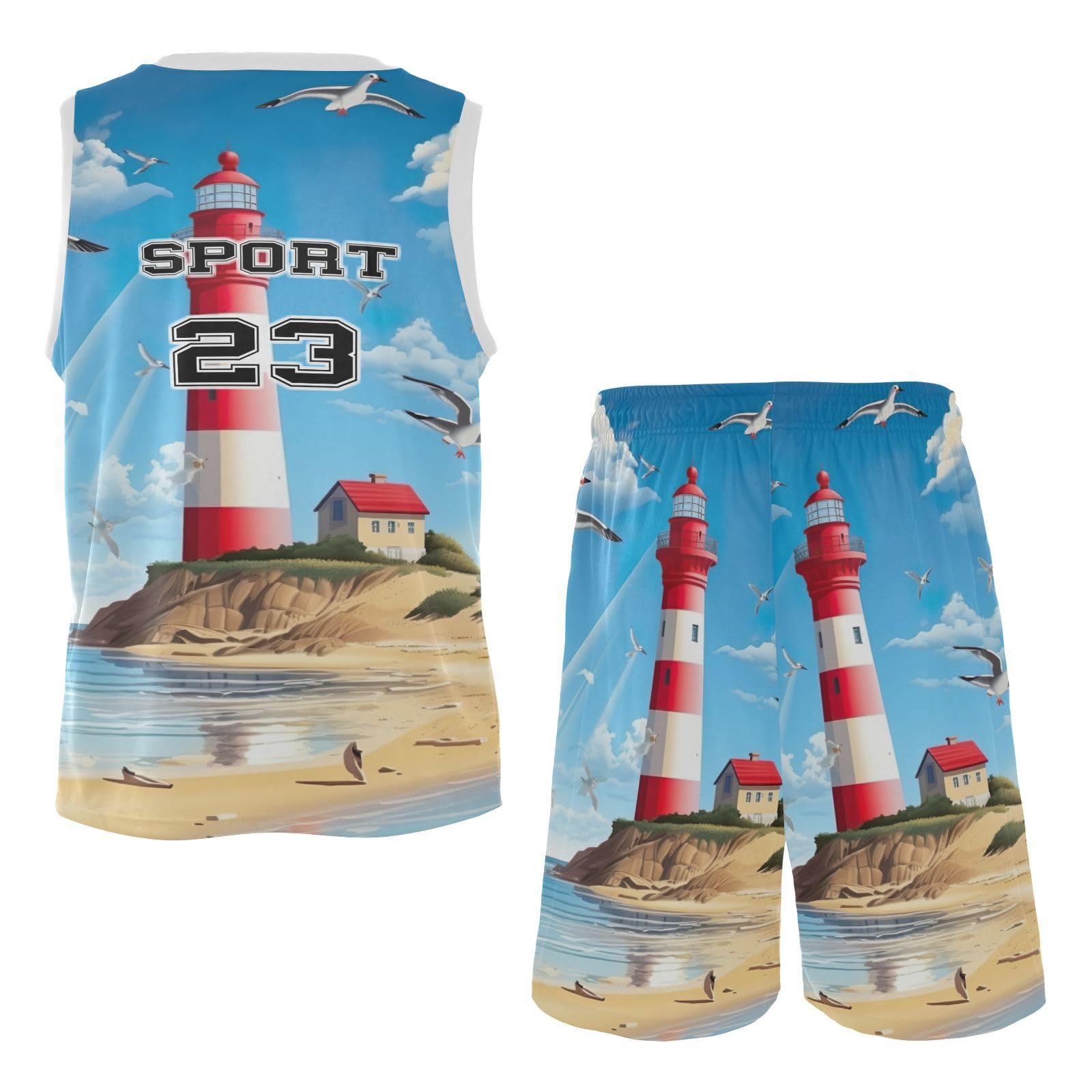 FLildon Sunny Sky Lighthouse Boys Basketball Jersey Set Tank Top Shorts Tracksuit Sport Training Suit for Kids, M