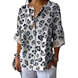 Women Blouses Dressy Casual Graphic Printed Shirts Button 3/4 Long Sleeve Novelty Design Summer Loose Fit Basic Tops