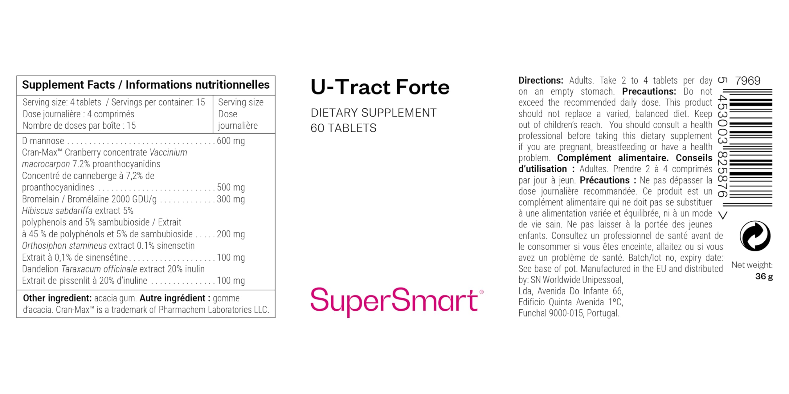 U-Tract Forte - Confort Urinaire - Extrait de Canneberge Breveté CranMax® - D-Manose, Bromélaïne, Pissenlit, Hibiscus, Cranberry - Atténue les gênes urinaires - Vegan - Sans Gluten - SuperSmart