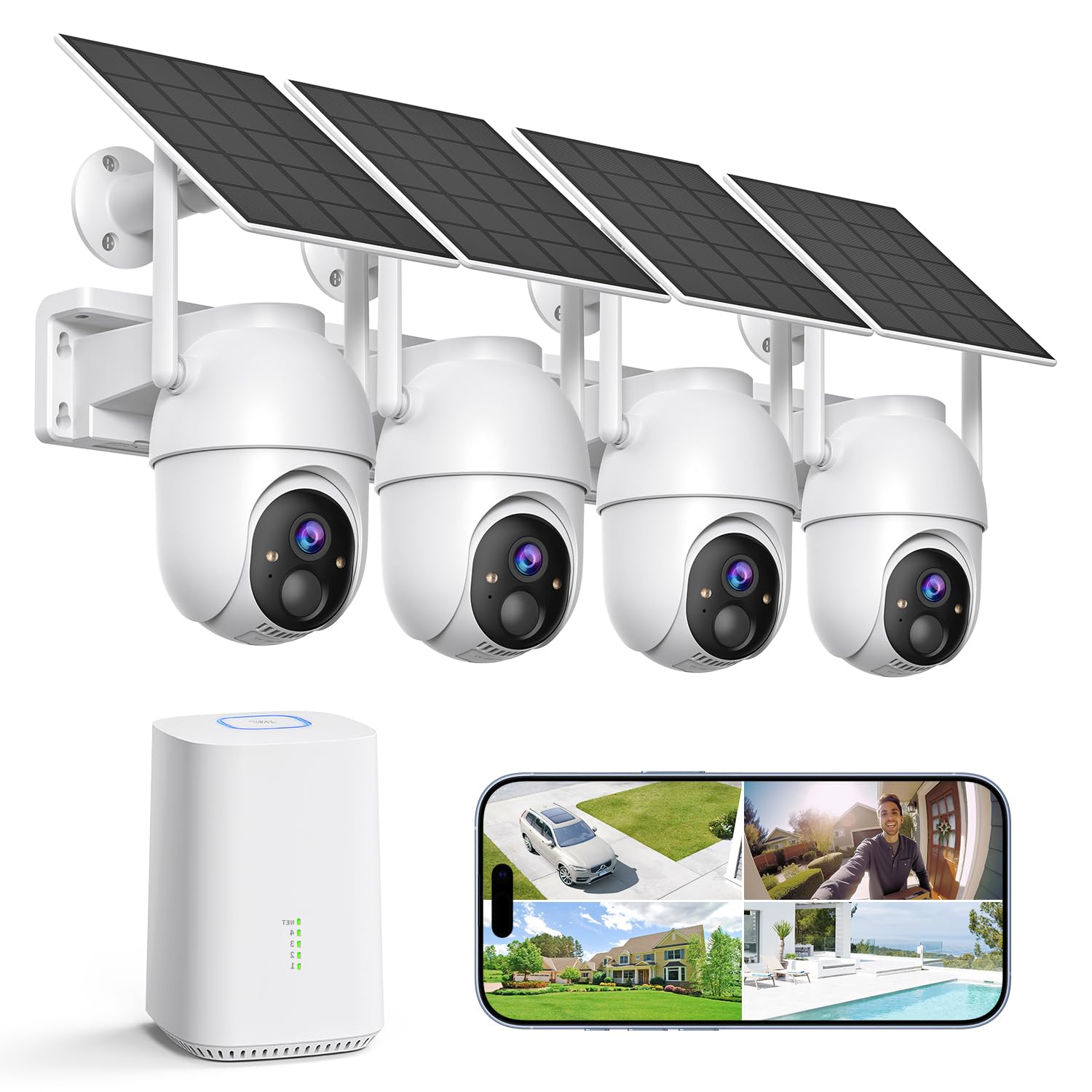 2K Überwachungskamera Aussen Akku Solar, 4-Cam-Kit mit Basisstation, 360° PTZ Kabellos Kamera mit 32G Lokaler Speicher, Keine Gebühren, KI-Erkennung, Farbe Nachtsicht 2 Wege Audio, 5G/2,4G WLAN