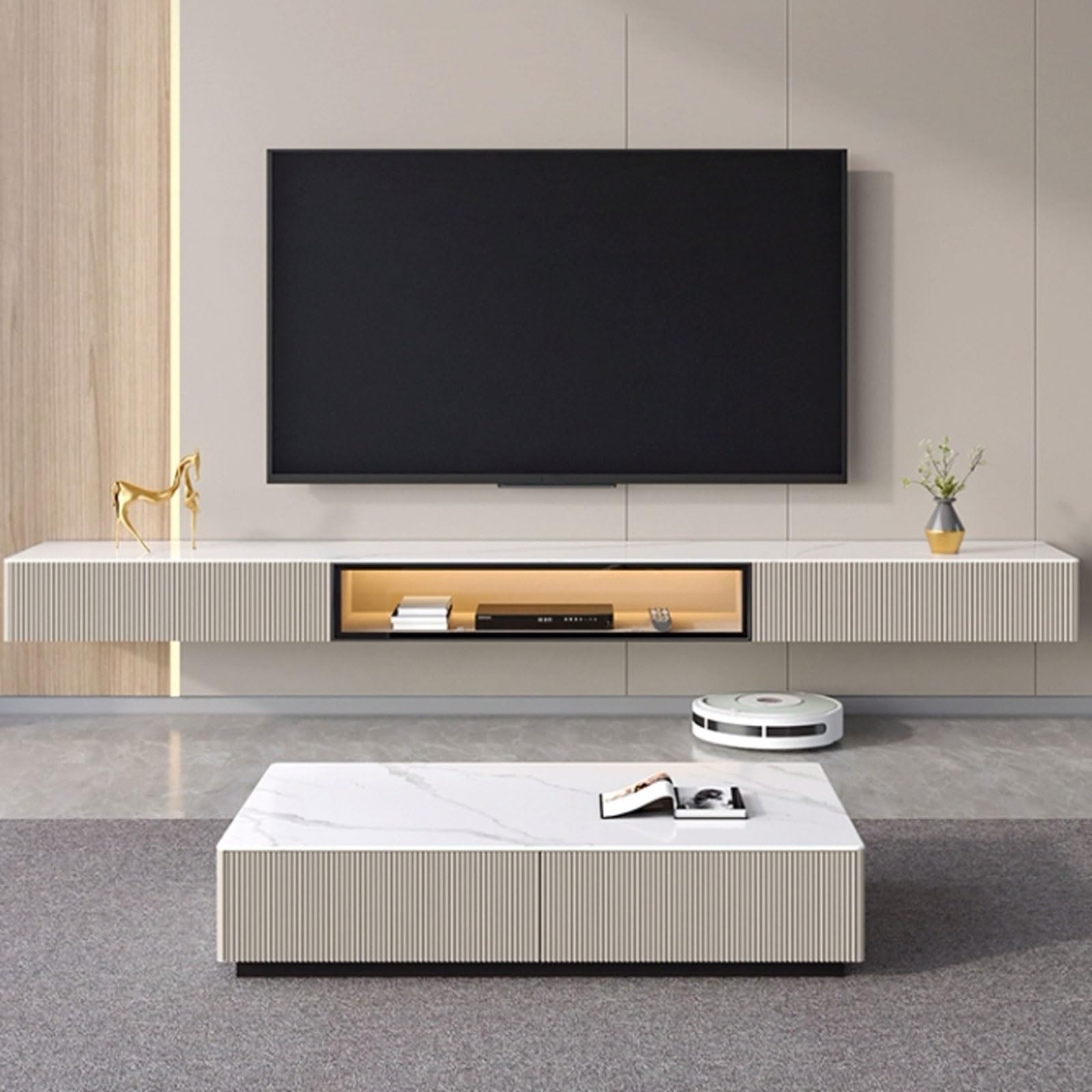 Naścienna szafka pod telewizor pływający stojak na telewizor z 2 drzwiami i 1 półką łupkowy blat nowoczesne pływające centrum rozrywki dla telewizorów Smart TV, szary, 160 cm
