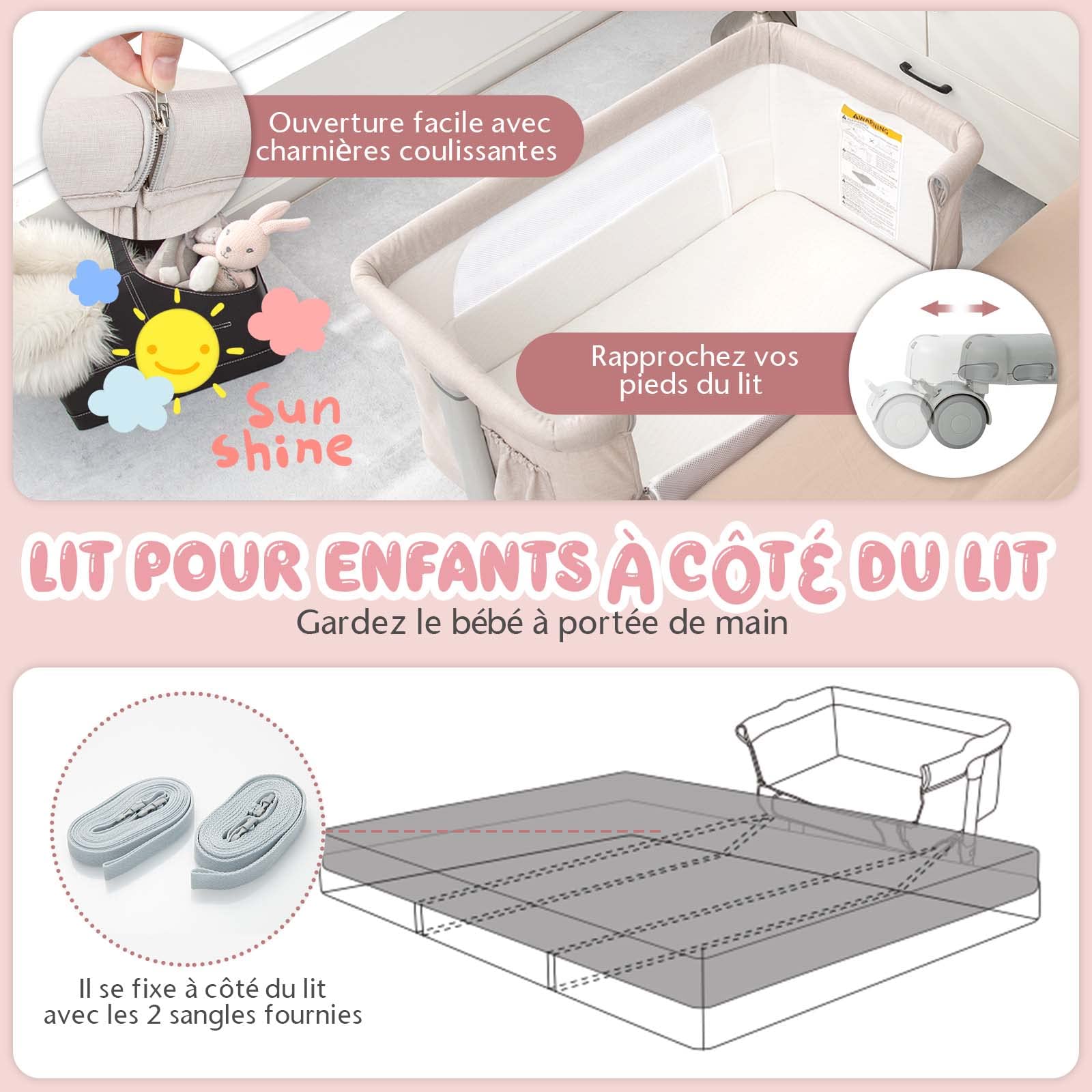 Lit Cododo Bébé 3 en 1 DREAMADE avec Matelas, Pliant, Hauteur Réglable, Roues avec Frein, Beige