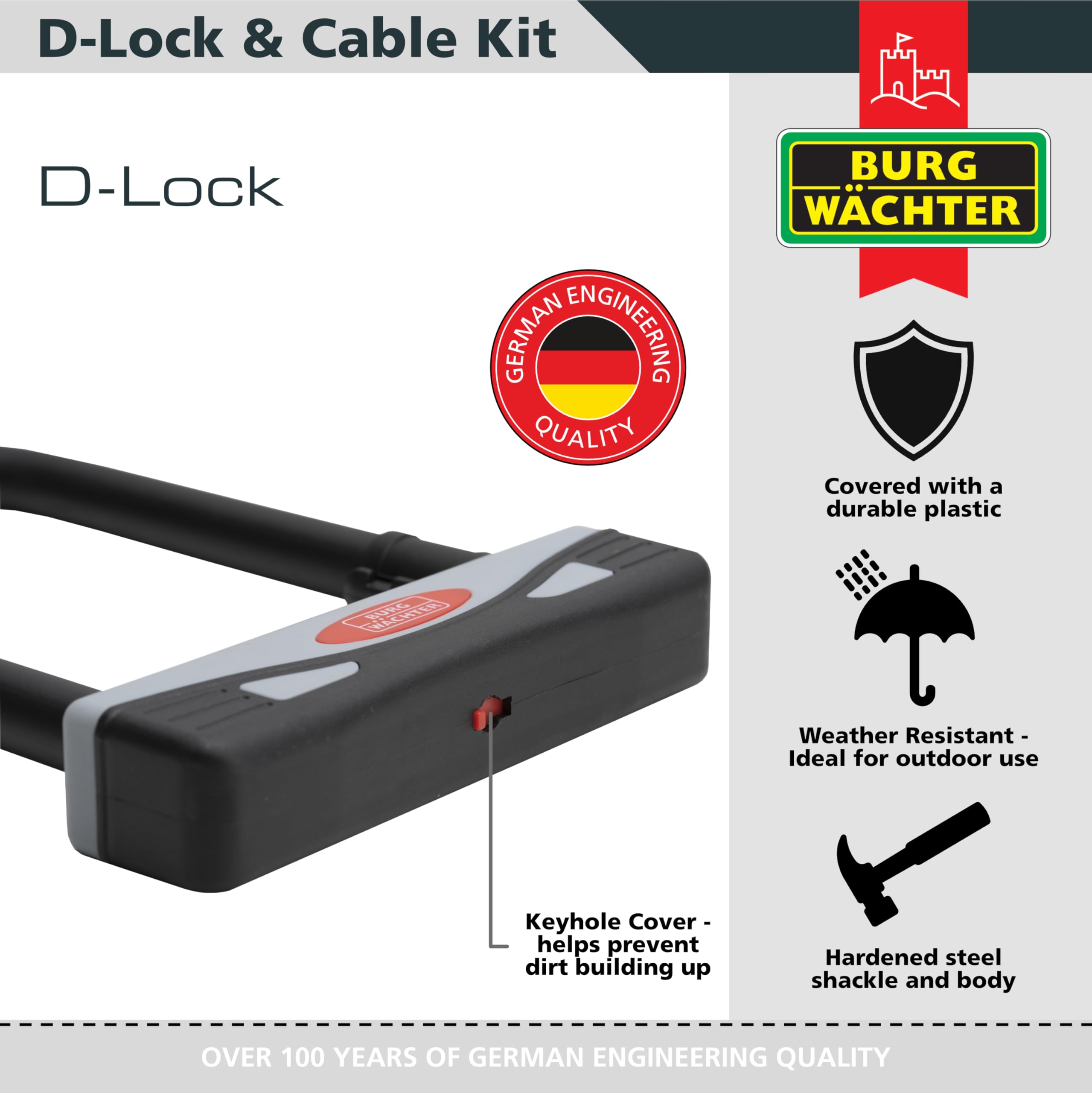 Burg Wächter 1600 HB KIT - Candado en D para bicicleta unisex, color negro, cable grande de 2,1 m