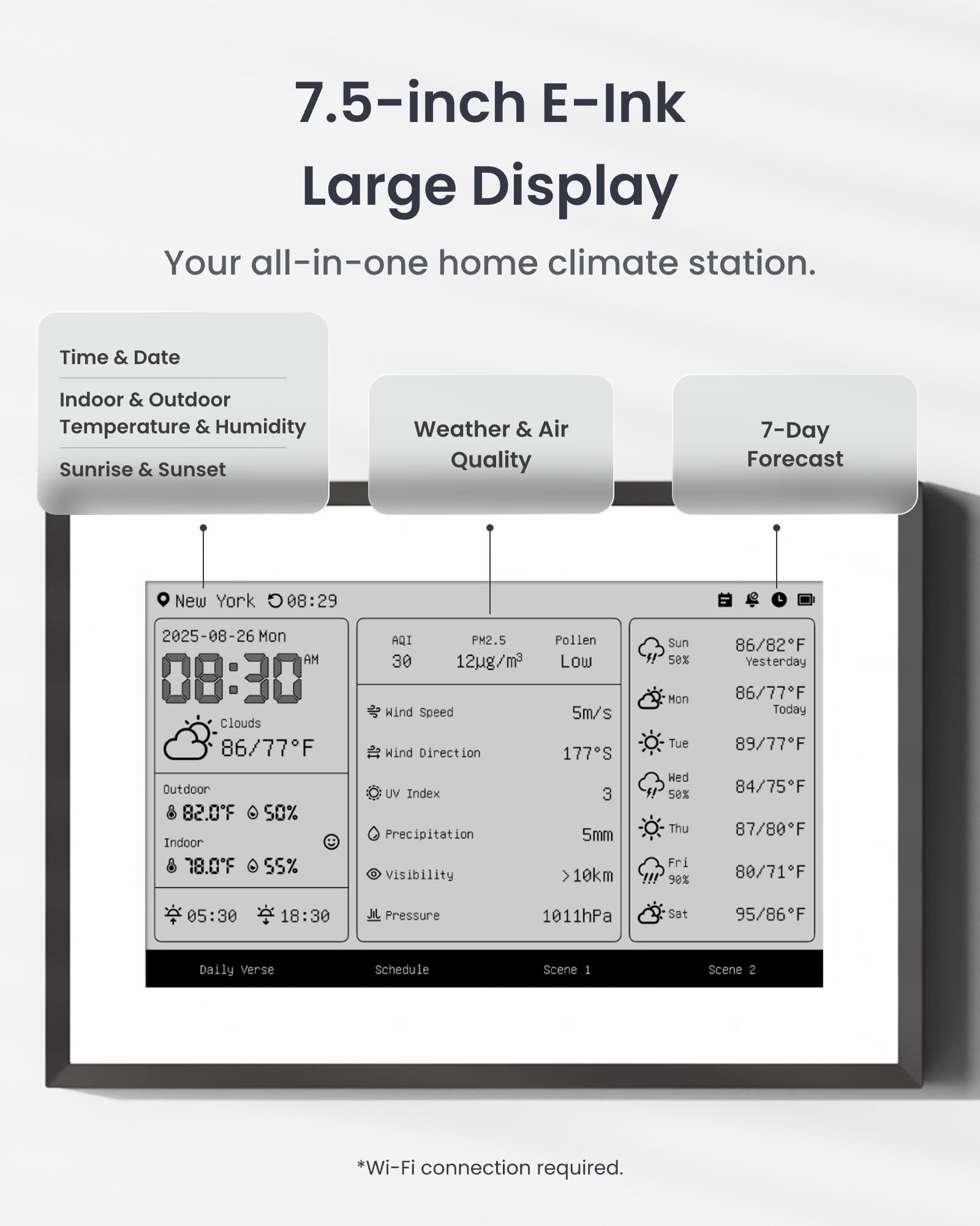 SwitchBot Smartes E-Ink-Home-Dashboard, 7,5" kabelloser Monitor für Innen-/Außentemperatur und Luftfeuchte mit elektronischer Terminanzeige, 2,4-GHz-WLAN und BLE, kompatibel mit Google/iCloud/Outlook