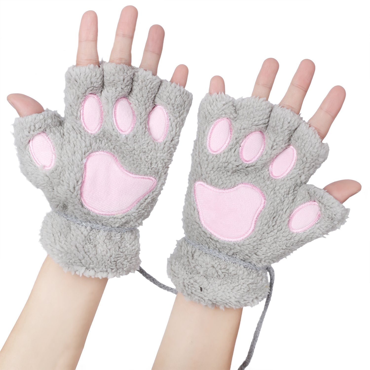 Odema Womens Bear Plush Cat Paw Claw Glove Soft Winter Fingerless Mitten Gloves