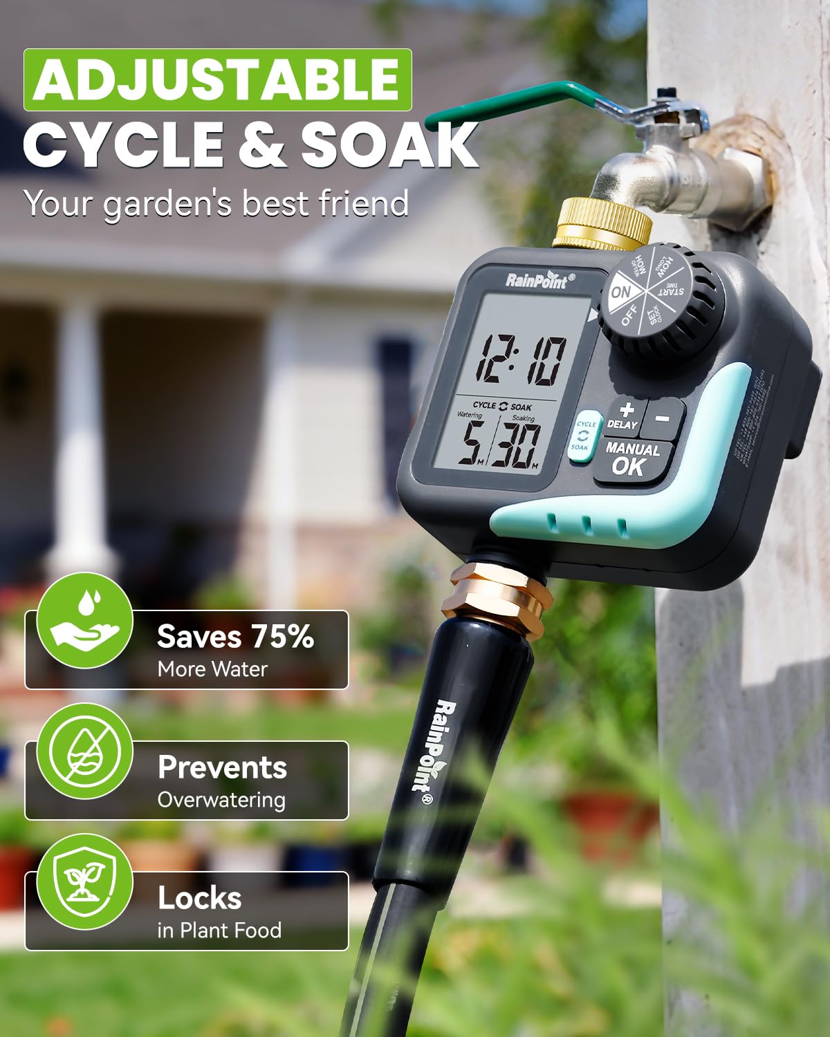 RAINPOINT Timer irrigatore per tubo da giardino, timer con ciclo e ammollo/ritardo pioggia/irrigazione automatica/irrigazione manuale, sistema di irrigazione programmabile con ampio display per prato