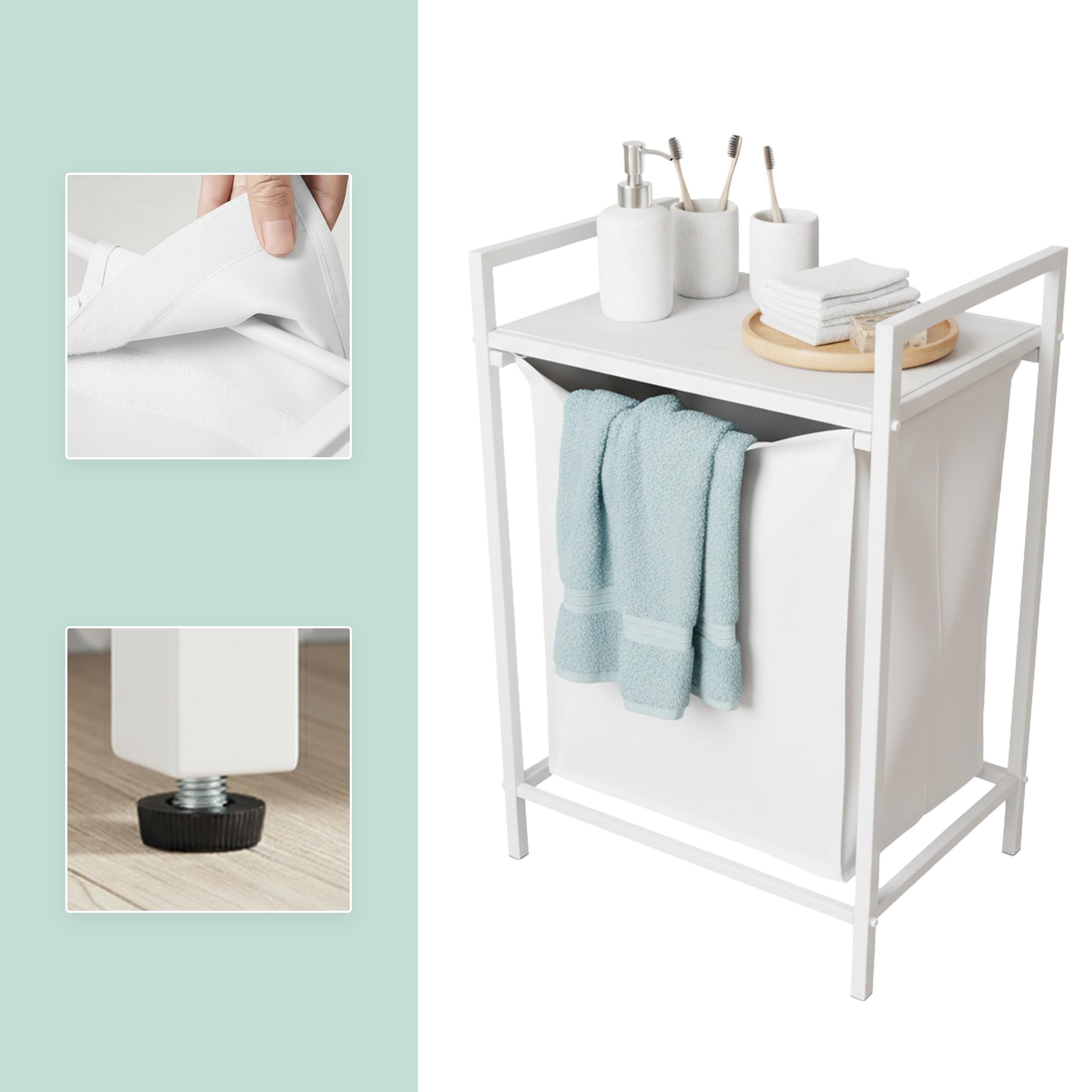 Relaxdays Kosz na pranie z półką, wysuwany, wys. x gł.: 72 x 50 x 33 cm, przenośny pojemnik na pranie, worek wewnętrzny 65 l, biały/szary