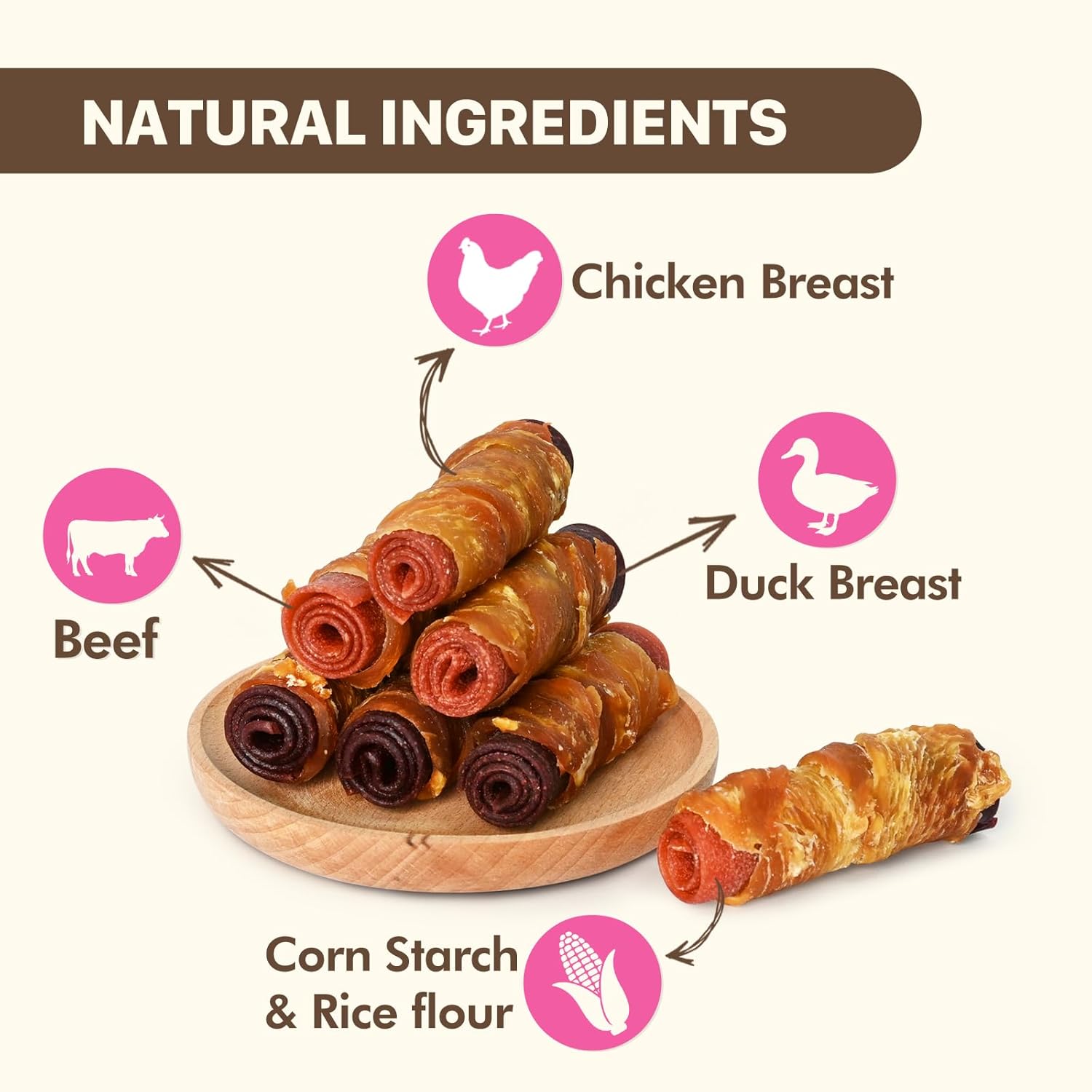 Dog Treats, Triple Flavor Chicken, Duck & Beef Meat Rolls, Rawhide-Free Soft Treats for Small Dogs, 21.2 oz