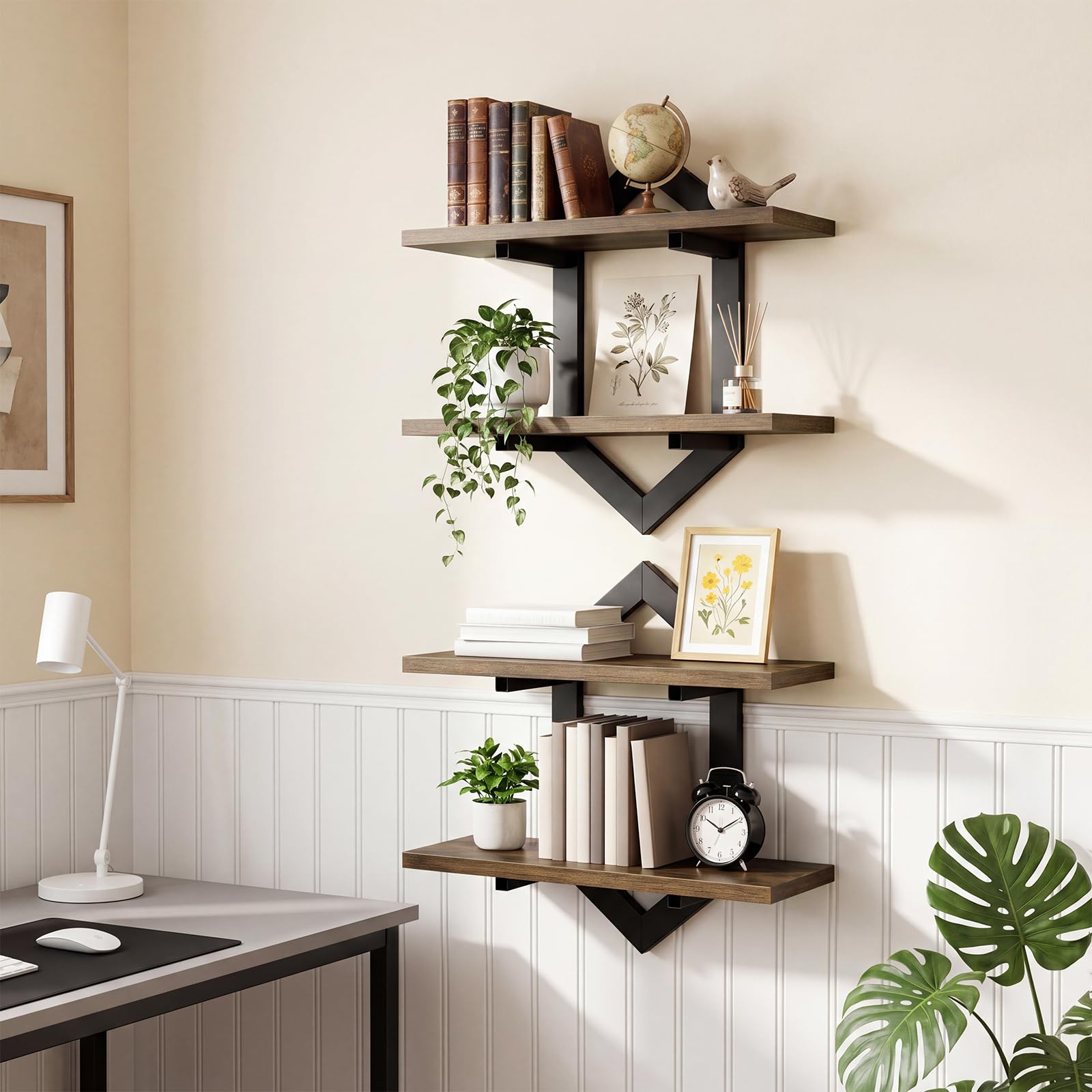 2er-Set Wandregal aus Holz und Metall, Schweberegal im Rauten-Design, Deko Regal für Wände, Vintage Hängeregal für Wohnzimmer, Schlafzimmer, Küche & Büro
