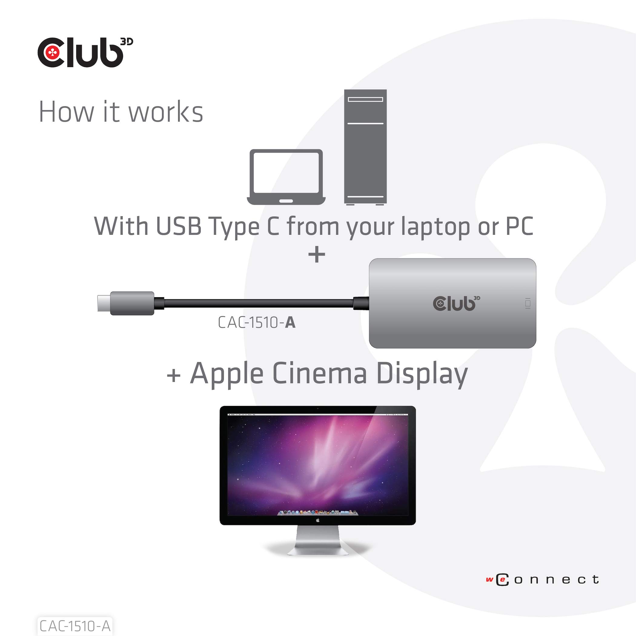 Club 3D 3D Gen1 Type-C a Dual Link DVI-D HDCP off Version Adattatore Attivo S/B per Apple Cinema Displays, CAC-1510-A