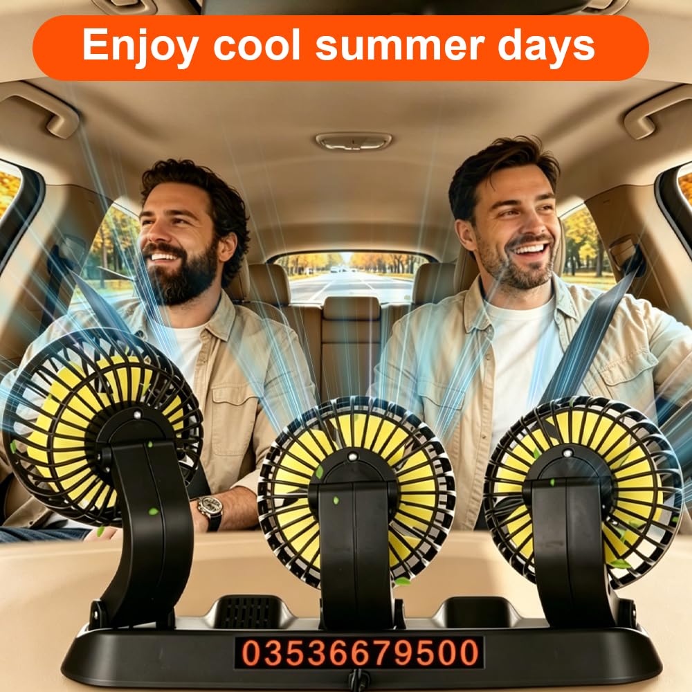 Lotvic Ventilateur de Voiture à Trois Têtes avec 2 Modes de vent fort et Rotation à 360°, Ventilator Auto pour SUV, RV, Camion, Van, Véhicules