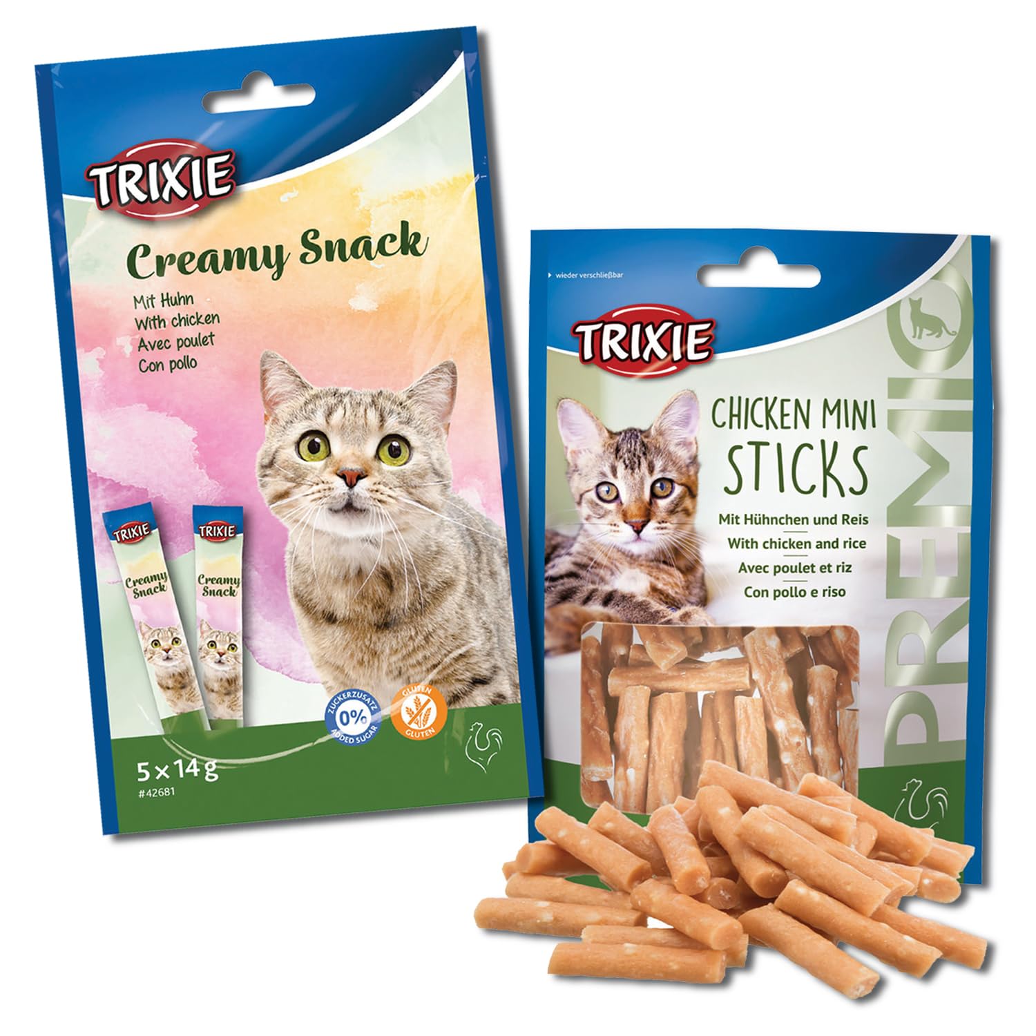 Trixie Cat Treat Combo of Premio Chicken Mini Sticks and Creamy Chicken Snack, Nutrient Rich Treats for Cats, Suitable for All Breeds – (Pack of 2)