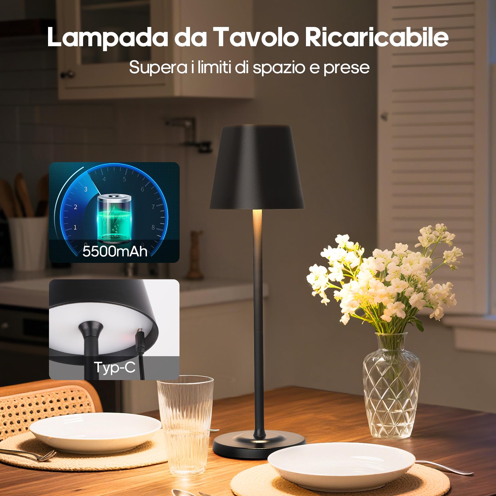GOODEA 3 in1 Lampada da tavolo senza fili, 3 altezze regolabili e 3 temperature di colore-5500 mAh, dimmerabile senza palo, lampada da tavolo ricaricabile per interni ed esterni, con USB - C [2, nero]