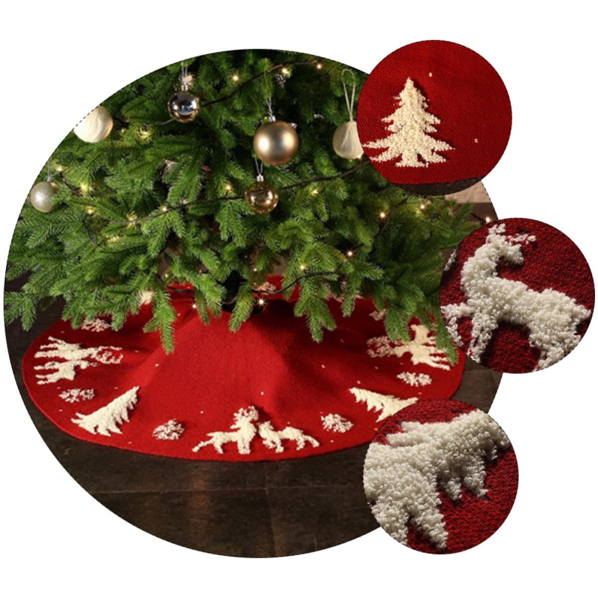VICASKY Jupe de Sapin de Noël Tricotée en Fibres Acryliques Rouge Motif 3D Renne pour Décoration Festive et Couverture de Base d'arbre à Placer Sapin