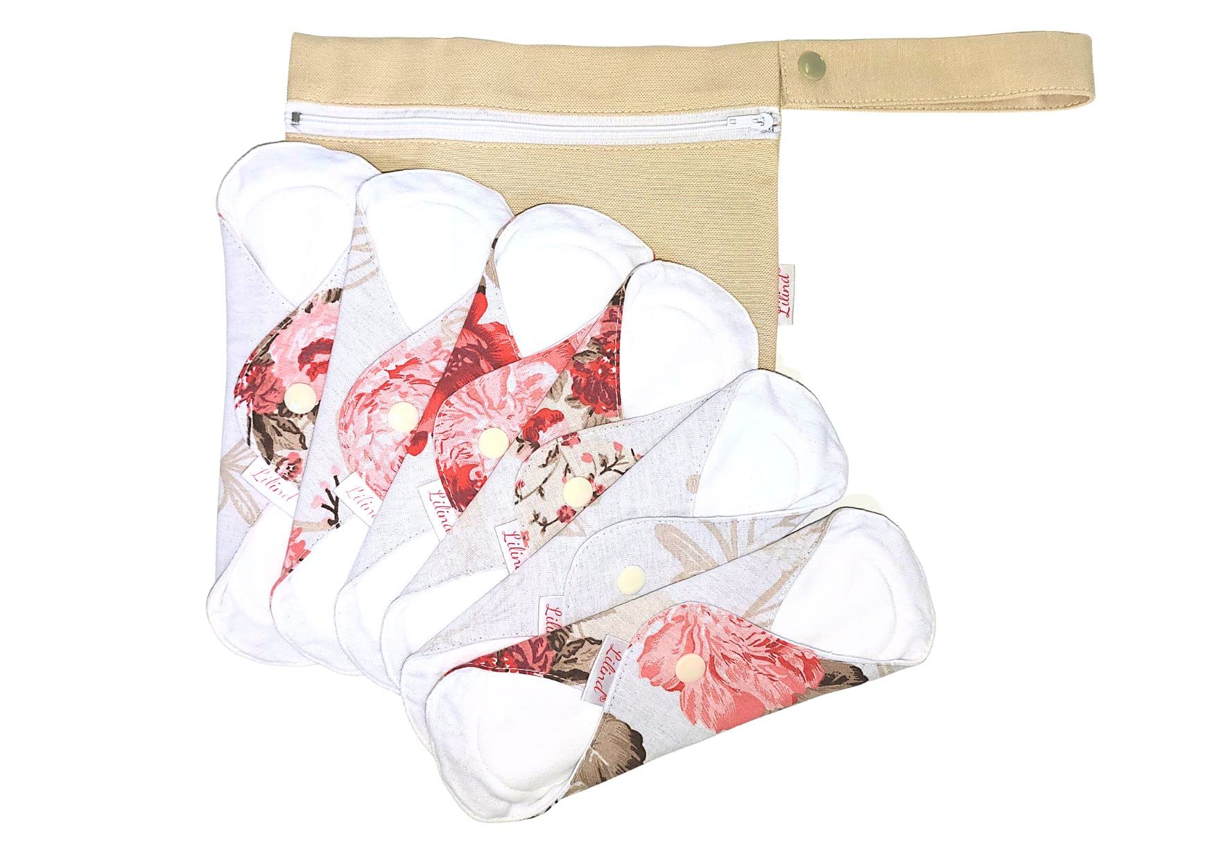 Lilind® Almohadillas de tela orgánicas, regulares de 20 cm, 6 unidades, bolsa húmeda con cremallera, servilletas sanitarias menstruales reutilizables impermeables, 100% algodón, rosas azules