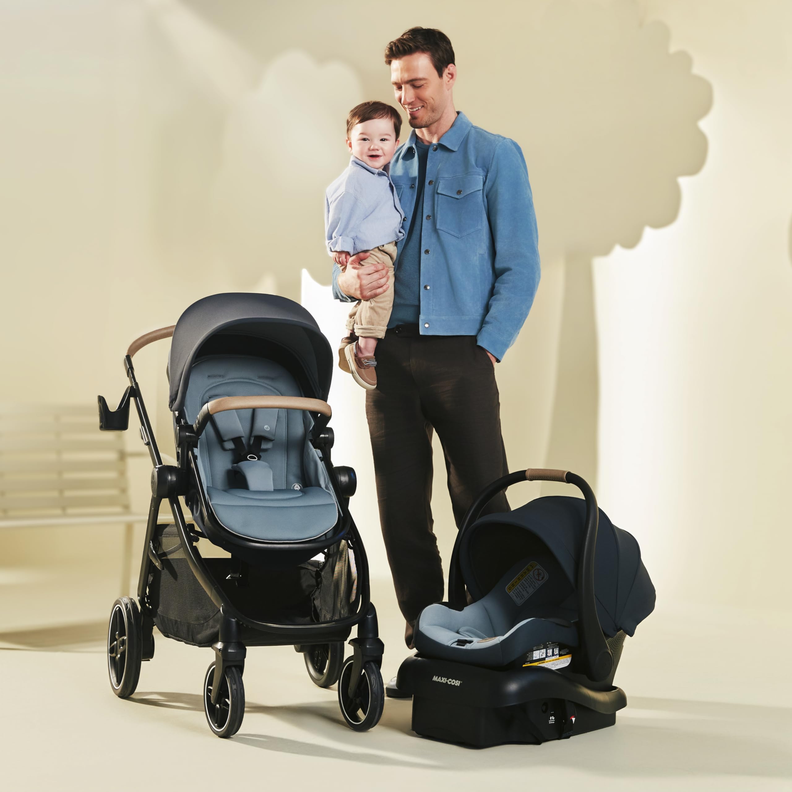 maxi-cosi zelia pro 5-in-1 travel system with mico pro infant car seat, baby stroller combo, reversible seat, large wheels, adjustable handle, newborn to toddler, lightweight, caspian caviar