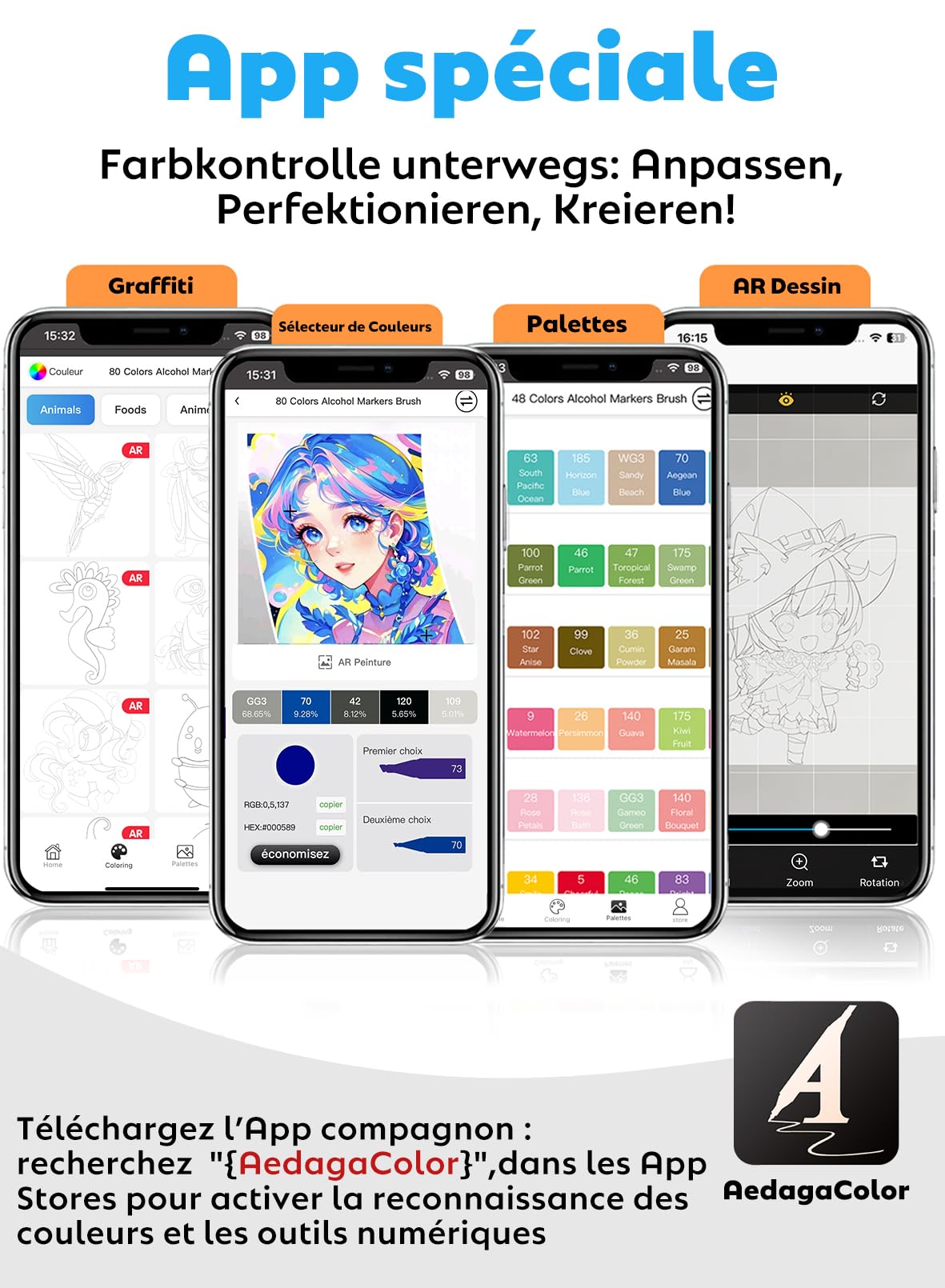 Chen Rui 120 Couleurs Feutres a Alcool avec App, Feutres Coloriage Adulte