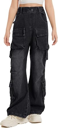 Girls Wide Leg Cargo Jeans, Stretch Waist Multiple Pockets | Y2K Vintage Design, Soft Breathable Fabric, Fade Resistant, Compatible With Different Tops For Year-Round Wear,Ages 5-16