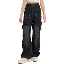 Girls-Jeans, Stretch-Waisted Wide Leg Multiple Pockets Baggy Y2K Girls-Cargo-Pants, Kid-Jeans 5-16 Years