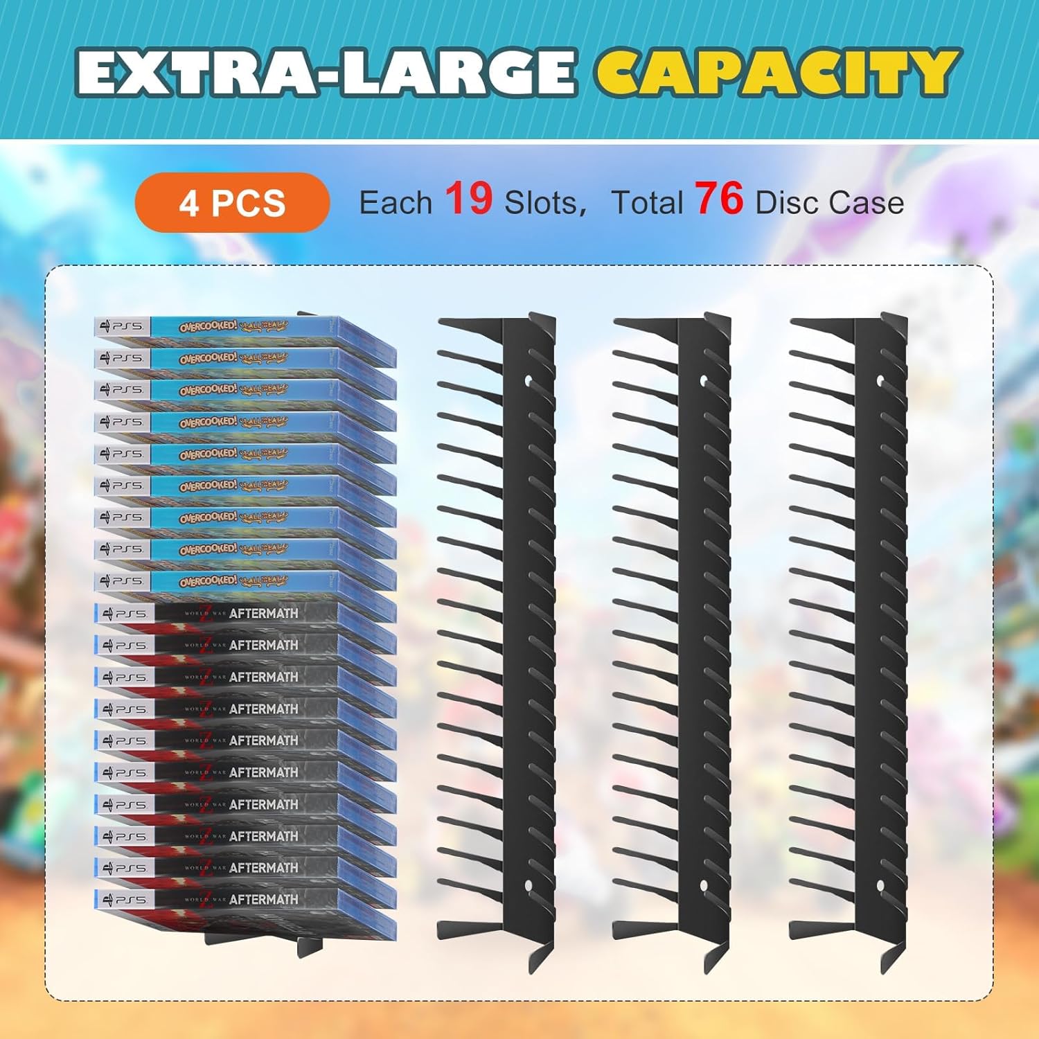 Video Game Storage Wall Mount - 4PCS Heavy-Duty Metal Game Case Holder Media Storage Shelves for PS, Xbox, DVD, Switch Game Organizer Display Stand, Holds up to 76