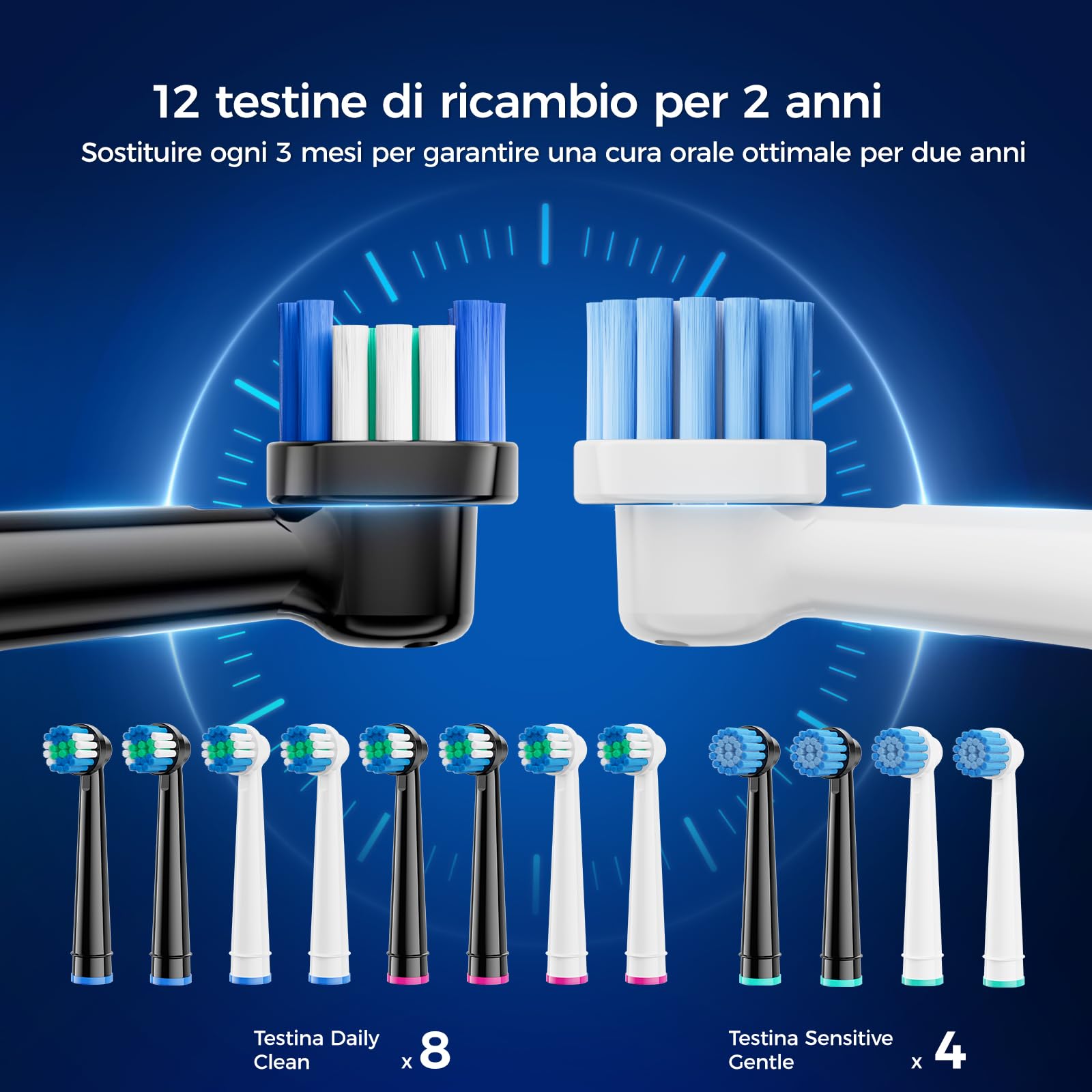 Spazzolino Elettrico Rotante 2 Pezzi Nero + Bianco per Adulti e Bambini con 3 Intensità e 5 Modalità, Spazzolino Elettrico con 12 Testine, 2 Custodie da Viaggio, Impermeabile IPX7, Batteria 120 Giorni