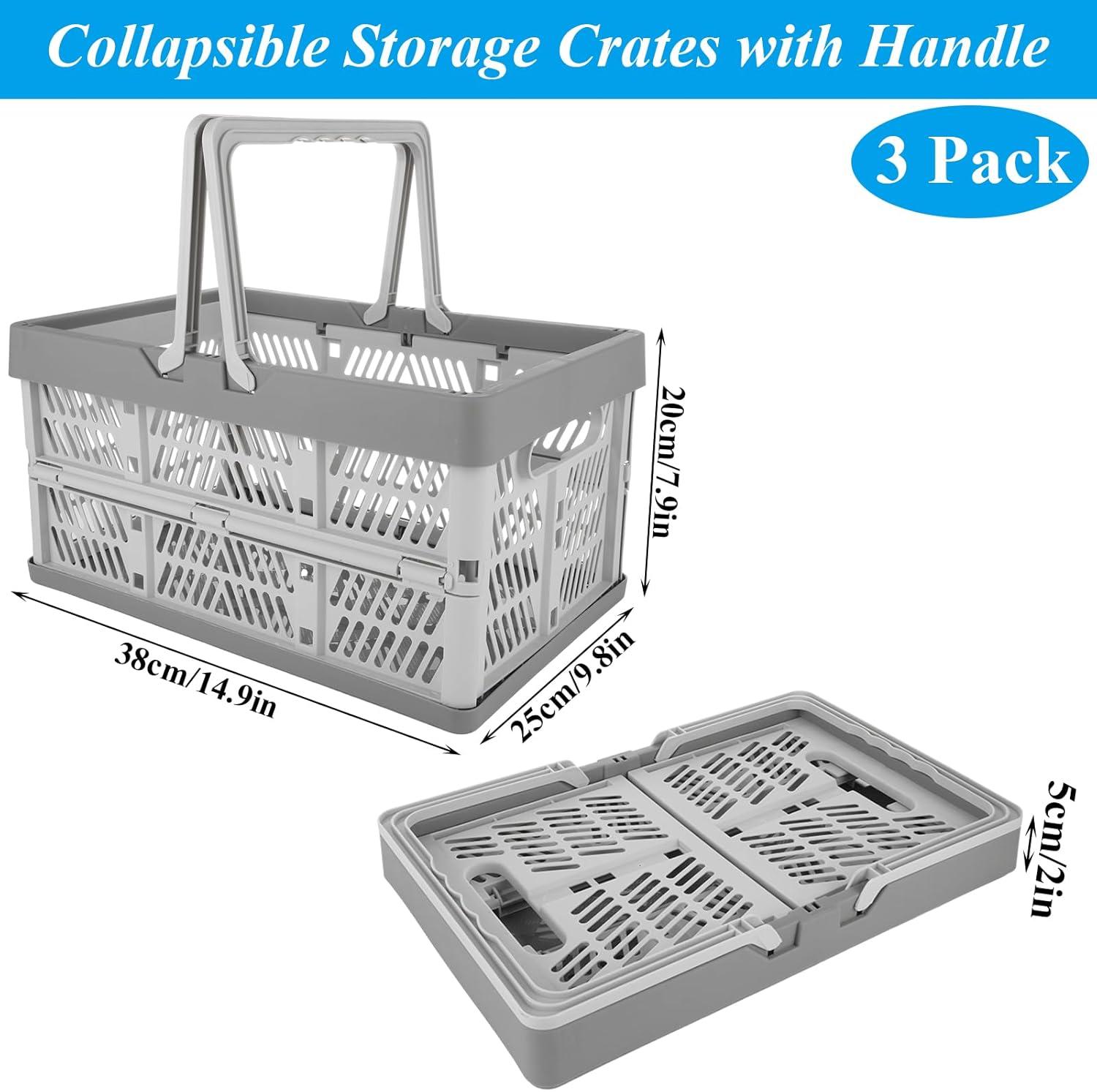 LDHHYH 3パック 20L 折りたたみ式ストレージクレート ハンドル付き