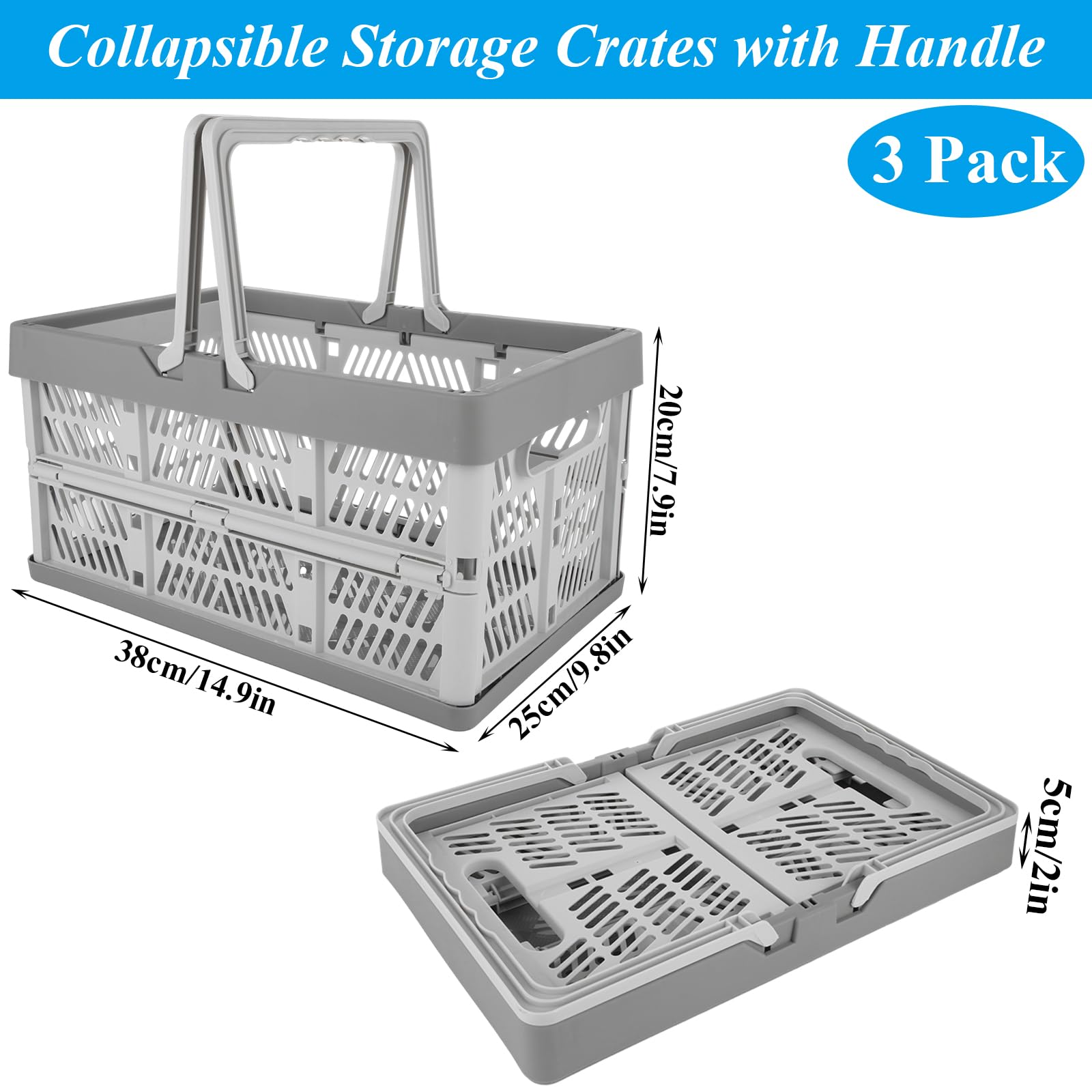 Paquete de 3 cajas de almacenamiento plegables de 20 litros con asa, cesta de compras apilable de plástico, cesta colgante plegable para organizar, caja de leche para cocina, baño,