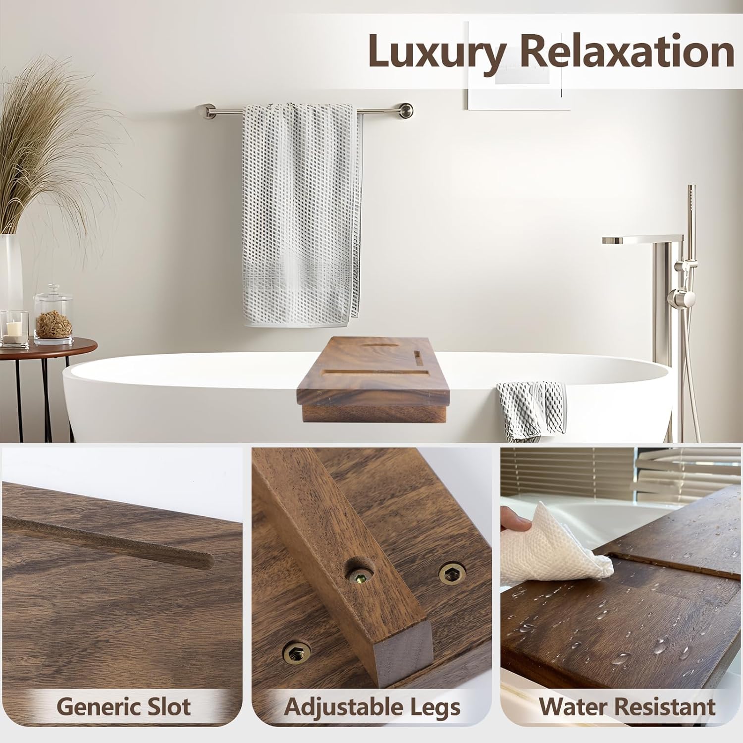 Solid Walnut Bathtub Tray, Bath Tray for Tub 35"x9"x2.5", Bath Tub Tray with 3 Adjustable Feet, Anti-Tipping Luxury Bathroom Accessories for Women/New Home/House Warming