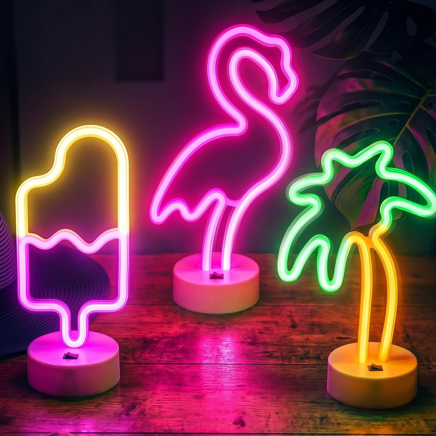 3 Pcs Neon Sign with Base LED Lights Gift Battery & USB Power Supply Desktop Wall Birthday Decoration Party Decor Home Bedroom Hotel Bar Store Desk(Flamingo)