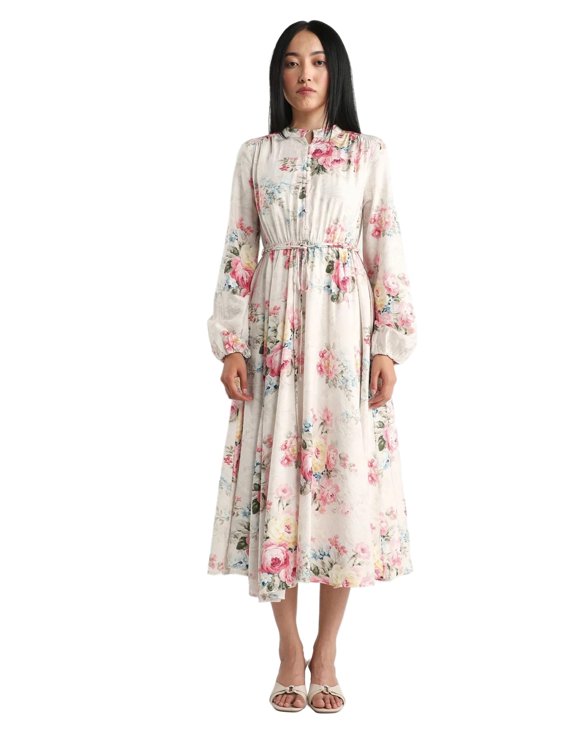 rareism Fit and Flare Beige Floral Viscose High Neck Long Sleeve Dress-picture-32