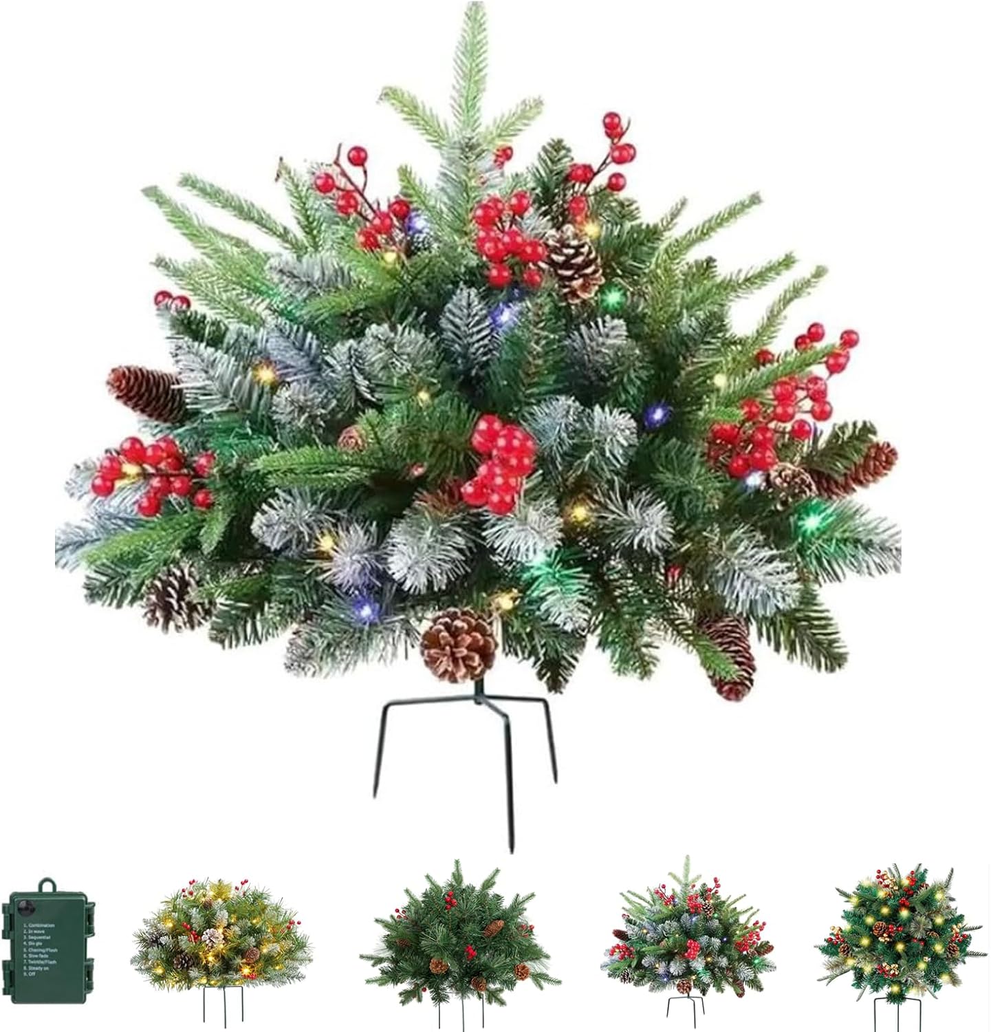 Holiday Planters, Holiday Planter Filler, with red Berries and Pine Cones, Artificial Luminous Christmas Flower with Triangular Stand, for Christmas, Birthday Parties, or as Gifts (B)