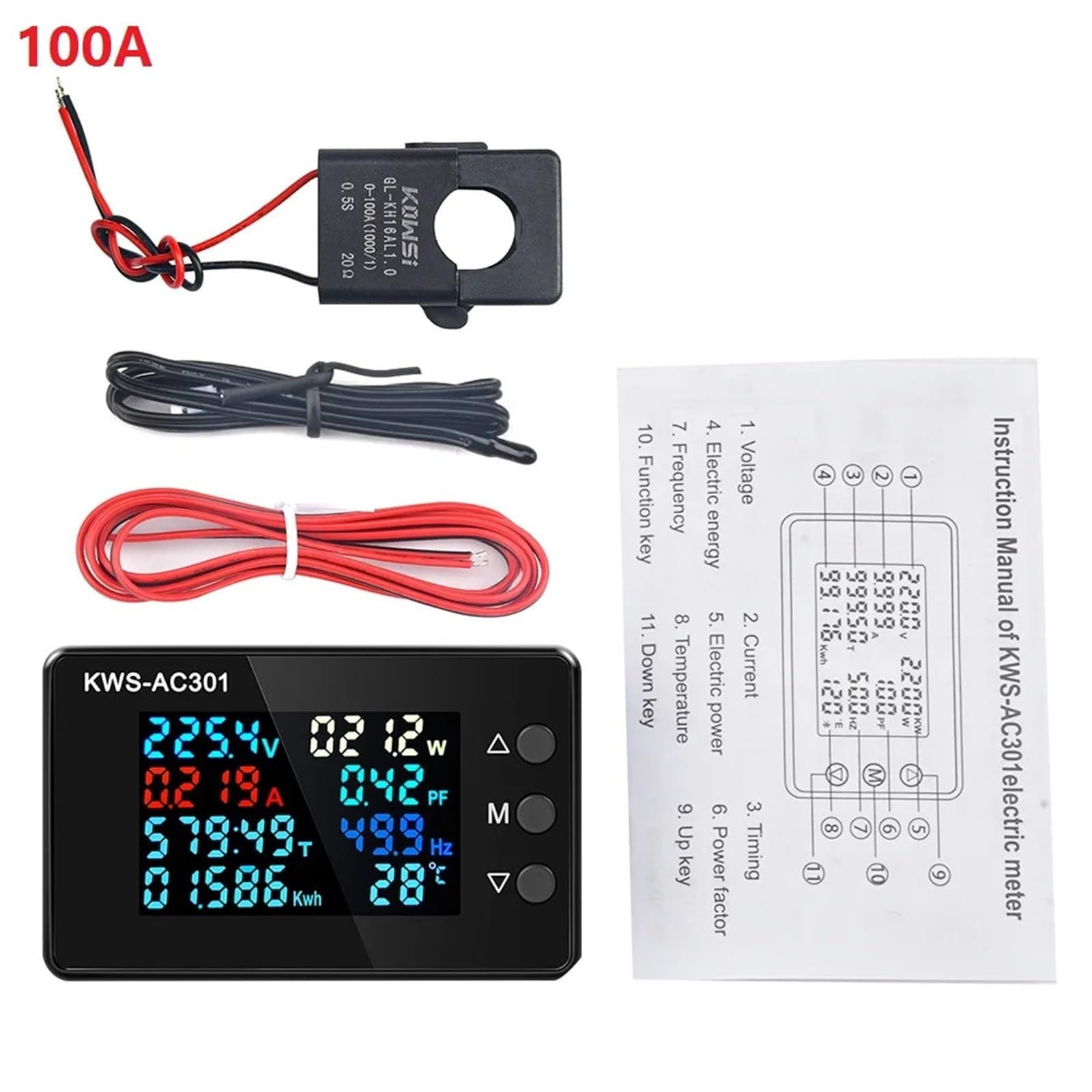 KWS-AC301 Watomierz Miernik Mocy Woltomierz AC 50-300V Napięcie 50-60 HZ Analizatory Moc LED AC Miernik Elektryczny 0-20/100A Detektor (Kolor: AC50-300V 100A)