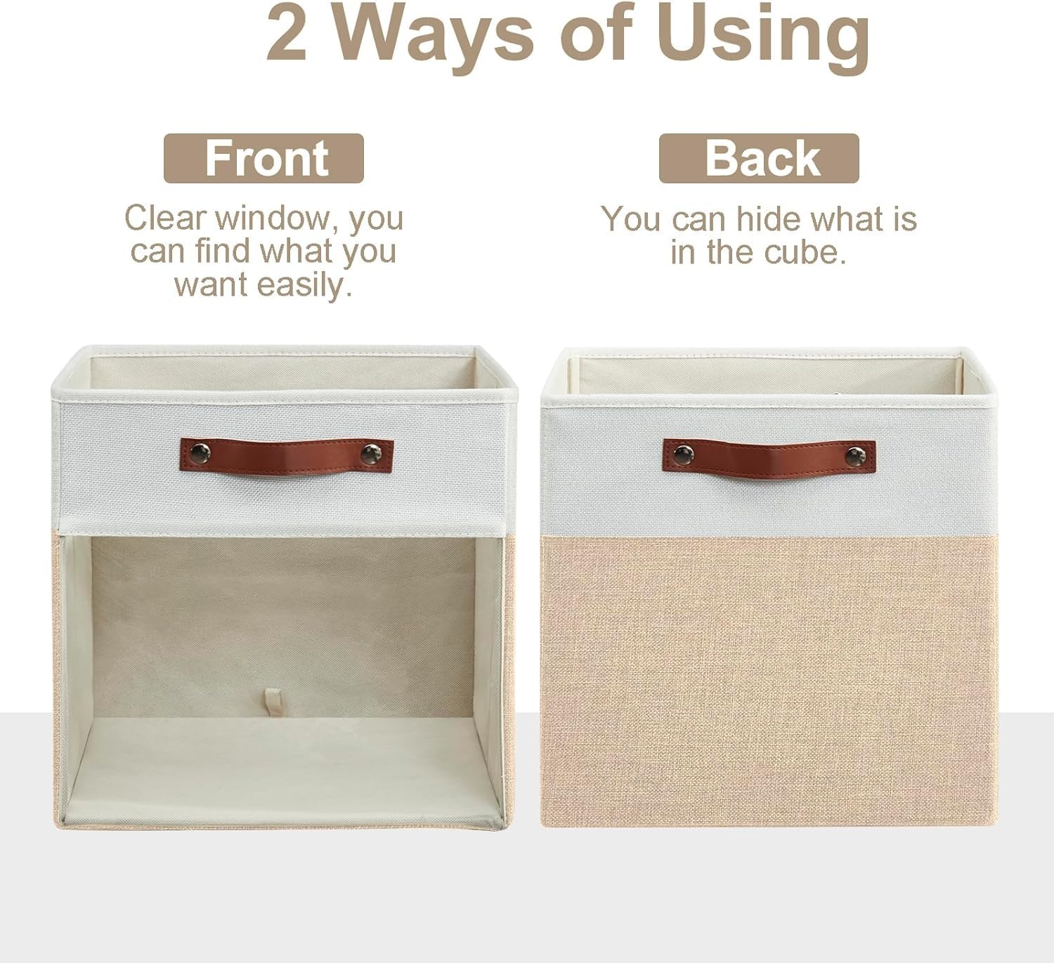 Bagnizer 4er Pack Große Faltbare Leinen Aufbewahrungsbox mit Sichtfenster | 33 × 38 × 33 cm, Faltbox mit 2 Griffen, Kallax Boxen, für Kleiderschrank und Regal, Kleidung, Spielzeug, Bücher, Beige & Weiß