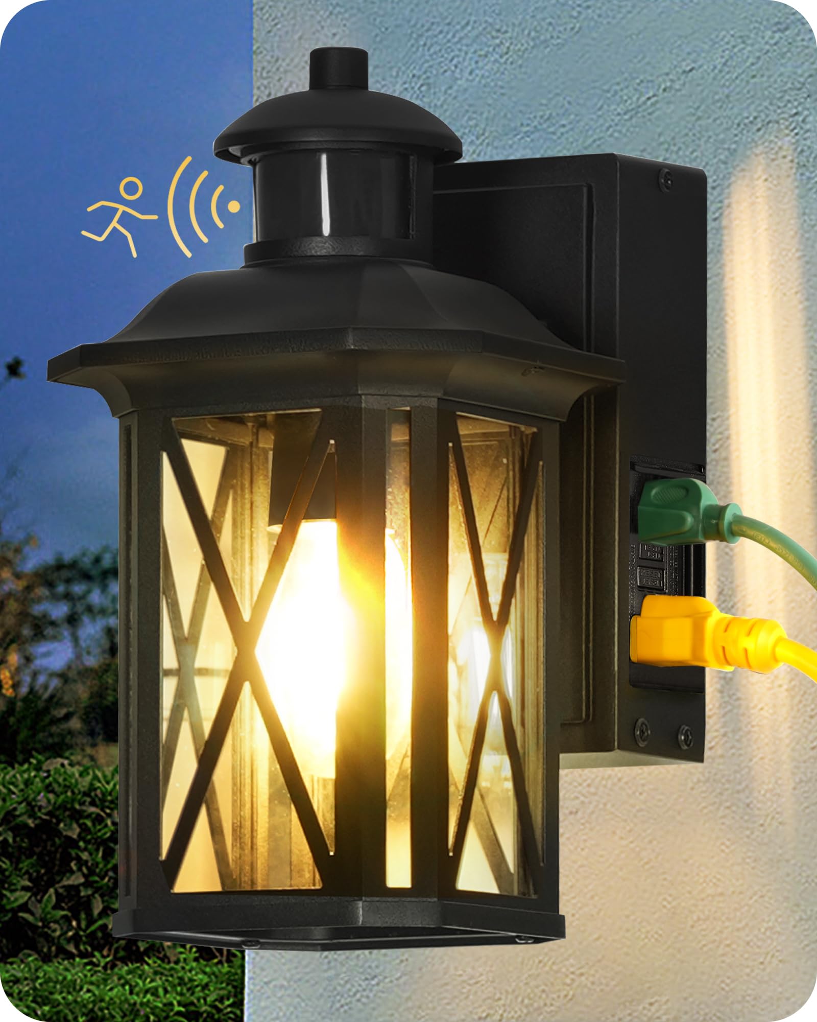 GOEBLESON Dusk to Dawn Outdoor Wall Lantern with 2 GFCI Outlet, Motion Sensor Porch Light Fixtures Wall Mount 3 Lighting Modes, ETL Listed, Waterproof Wall Sconce for Patio, Garage B07HB05
