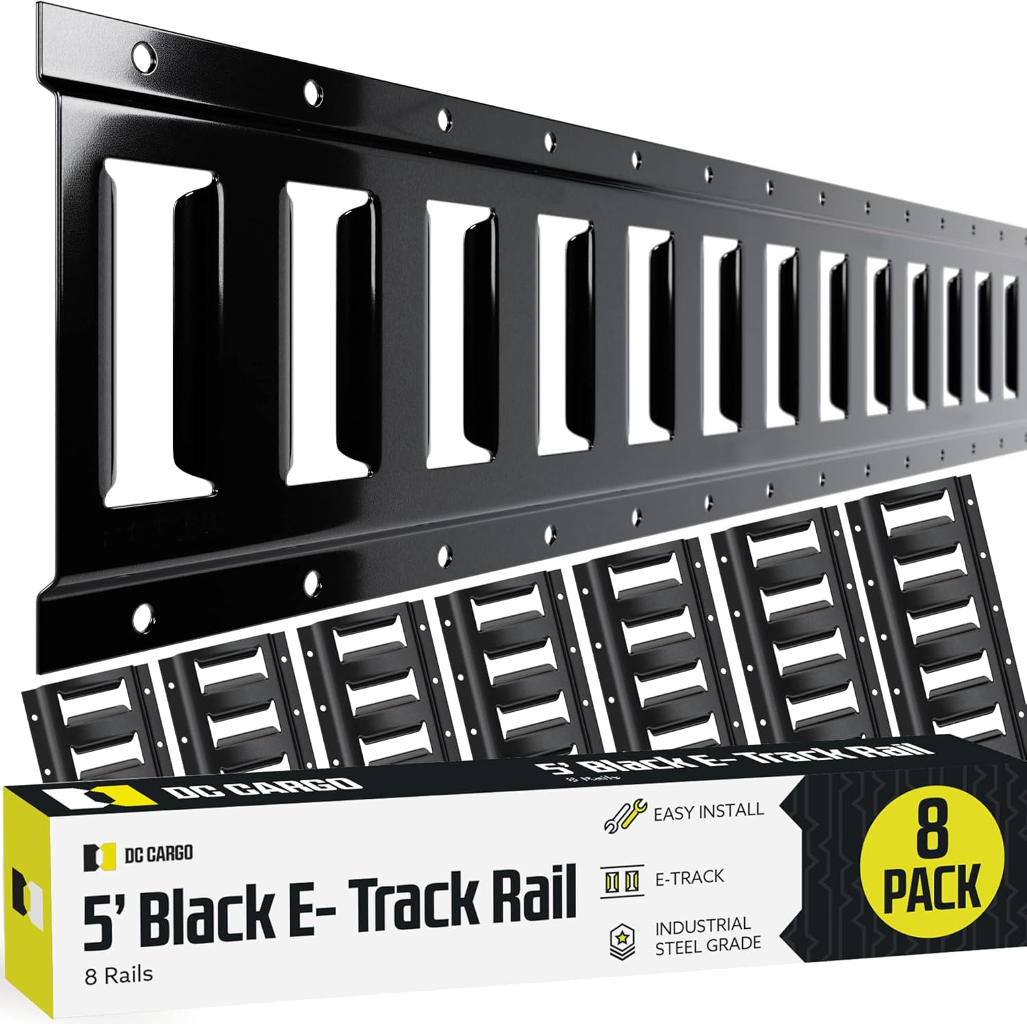DC Cargo Mall E Track Tie Down Rail Kit 5' (8 Pack) for Garages, Vans, Trailers, Motorcycle Tie Downs, ATV Mountings-ETrack Bar Rails–Powder-Coat Black-Secure Cargo & Heavy Loads Up to 2,000lbs