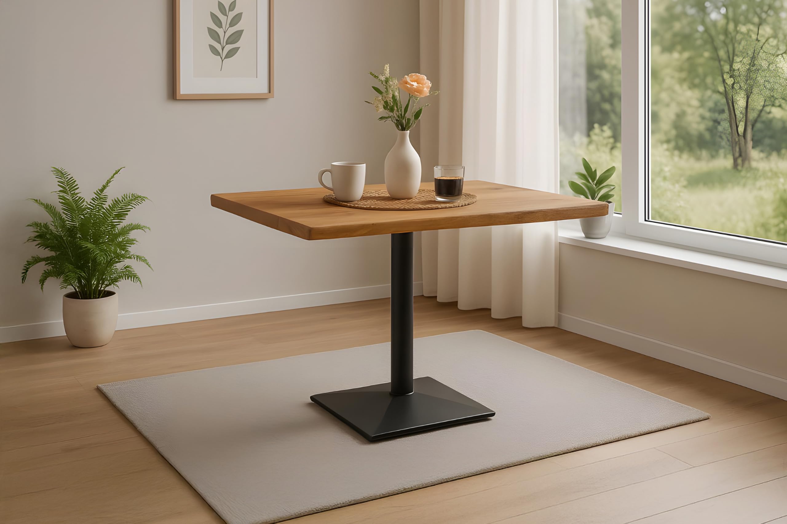 SAM Bistrotisch INES | 80 x 60 cm | Akazienholz massiv | Farbe: Natur | echte Baumkante | Säulen-Gestell Metall Schwarz | Baumkantentisch/Säulentisch/Esstisch für Küche, Café & Essbereich