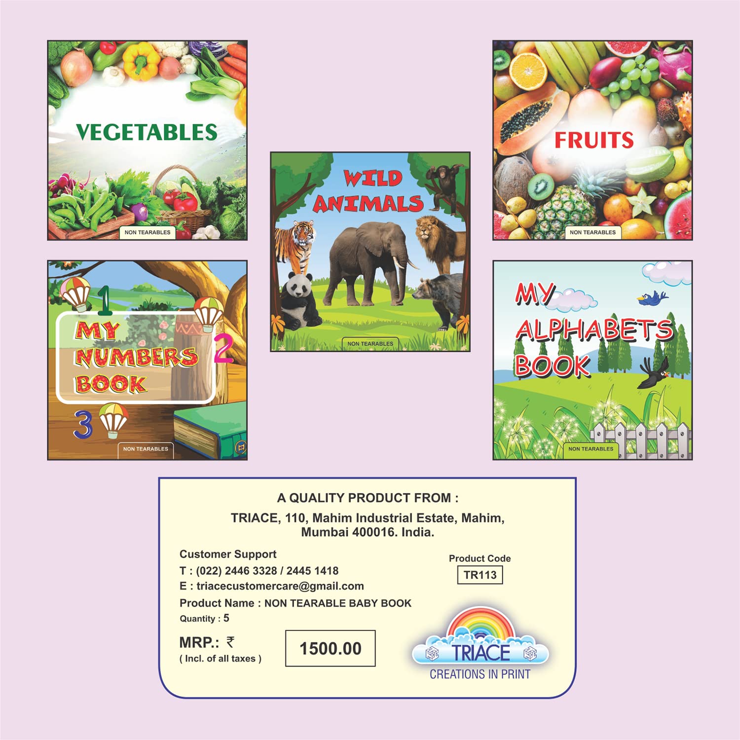 TRIACE Non Tearable Baby Books Set of 5. ABC, Numbers, Animals and more.